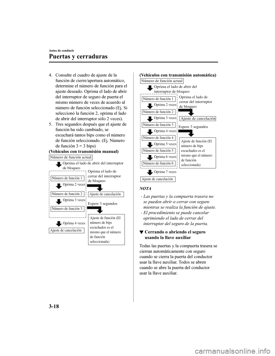 MAZDA MODEL CX-5 2019  Manual del propietario (in Spanish) 4. Consulte el cuadro de ajuste de lafunción de cierre/apertura automático,
determine el número de función para el
ajuste deseado. Oprima el lado de abrir
del interruptor de seguro de puerta el
mi