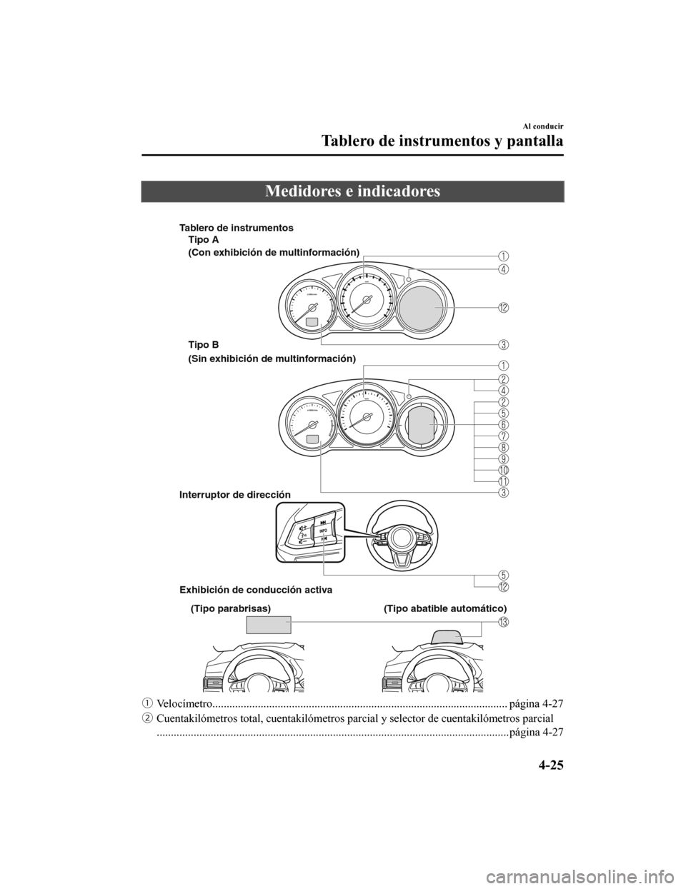 MAZDA MODEL CX-5 2019  Manual del propietario (in Spanish) Medidores e indicadores
 
Interruptor de dirección
Exhibición de conducción activa
Tipo A
(Con exhibición de multinformación)
(Sin exhibición de multinformación)
Tablero de instrumentos
Tipo B
