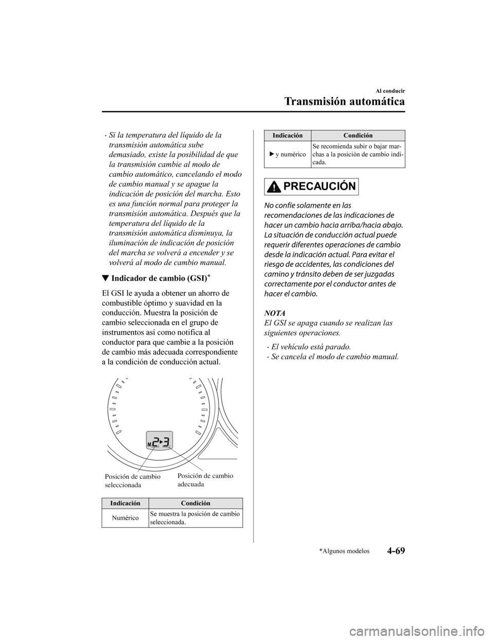 MAZDA MODEL CX-5 2019  Manual del propietario (in Spanish) •Si la temperatura del líquido de la
transmisión automática sube
demasiado, existe la posibilidad de que
la transmisión cambie al modo de
cambio automático, cancelando el modo
de cambio manual 
