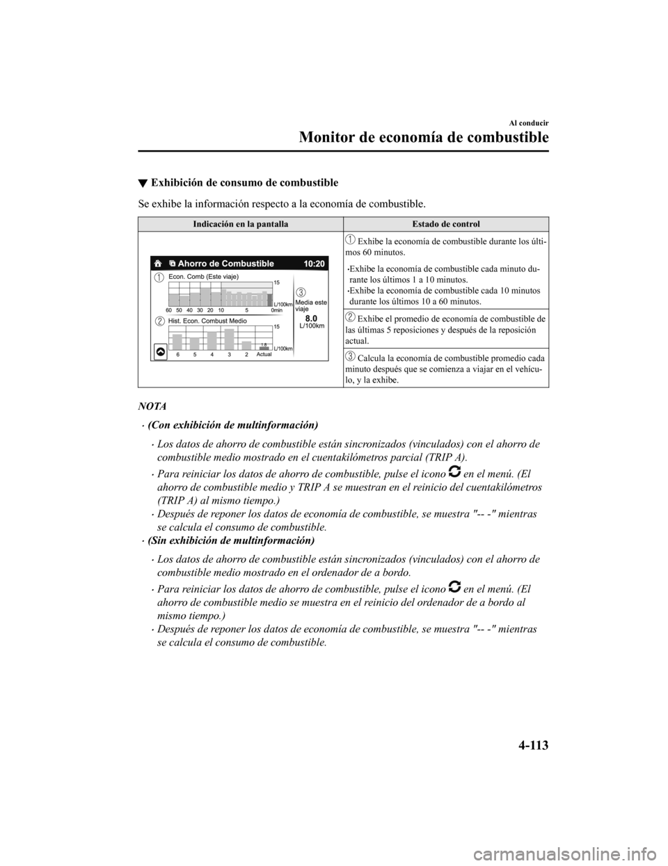 MAZDA MODEL CX-5 2019 Manual del propietario (in Spanish) ▼Exhibición de consumo de combustible
Se exhibe la información respecto a la economía de combustible.
Indicación en la panta
lla Estado de control
Exhibe la economía de com bustible durante lo MAZDA MODEL CX-5 2019 Manual del propietario (in Spanish) ▼Exhibición de consumo de combustible
Se exhibe la información respecto a la economía de combustible.
Indicación en la panta
lla Estado de control
Exhibe la economía de com bustible durante lo