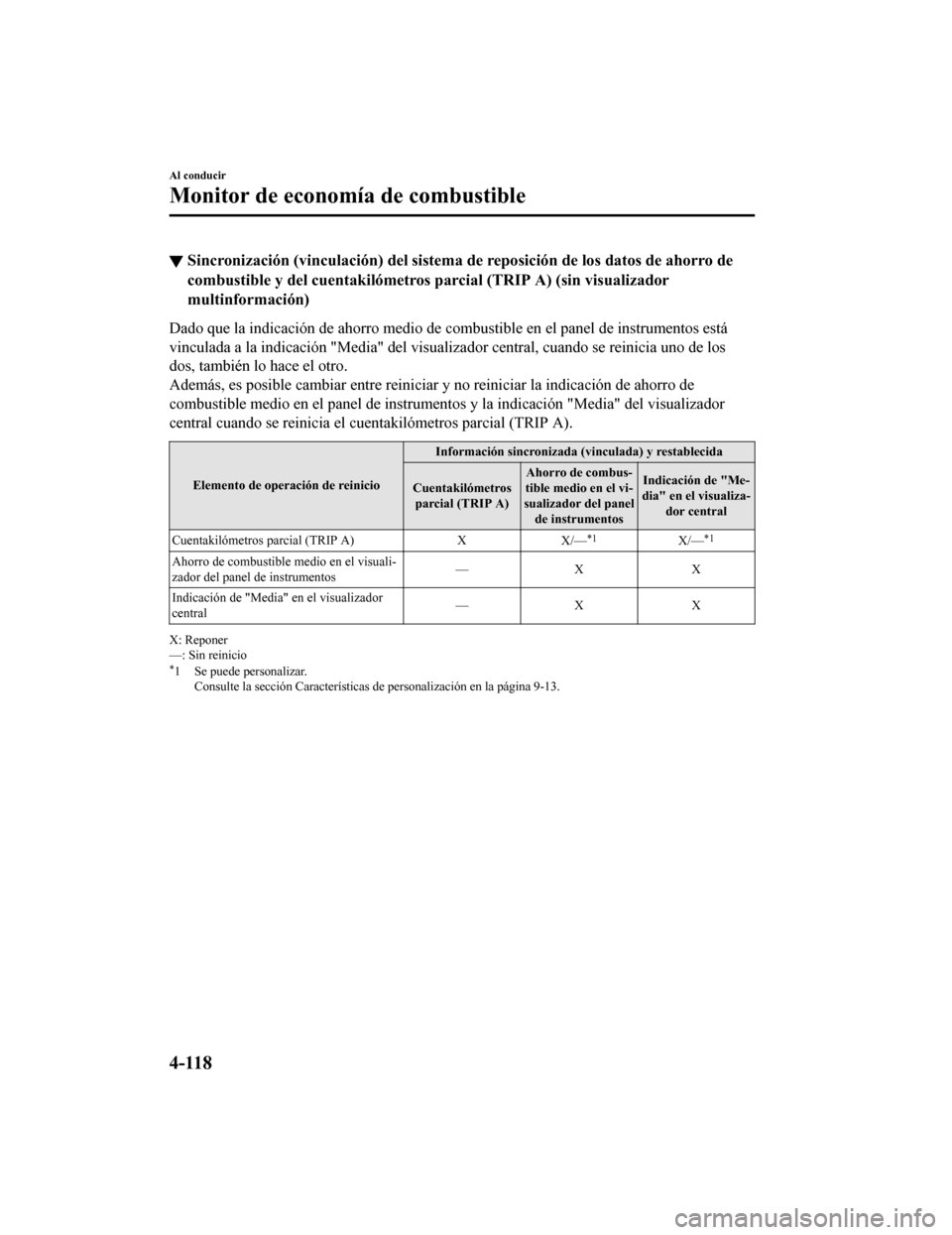 MAZDA MODEL CX-5 2019 Manual del propietario (in Spanish) ▼Sincronización (vinculación) del
sistema de reposición de los datos de ahorro de
combustible y del cuentakilómetr os parcial (TRIP A) (sin visualizador
multinformación)
Dado que la indicació MAZDA MODEL CX-5 2019 Manual del propietario (in Spanish) ▼Sincronización (vinculación) del
sistema de reposición de los datos de ahorro de
combustible y del cuentakilómetr os parcial (TRIP A) (sin visualizador
multinformación)
Dado que la indicació