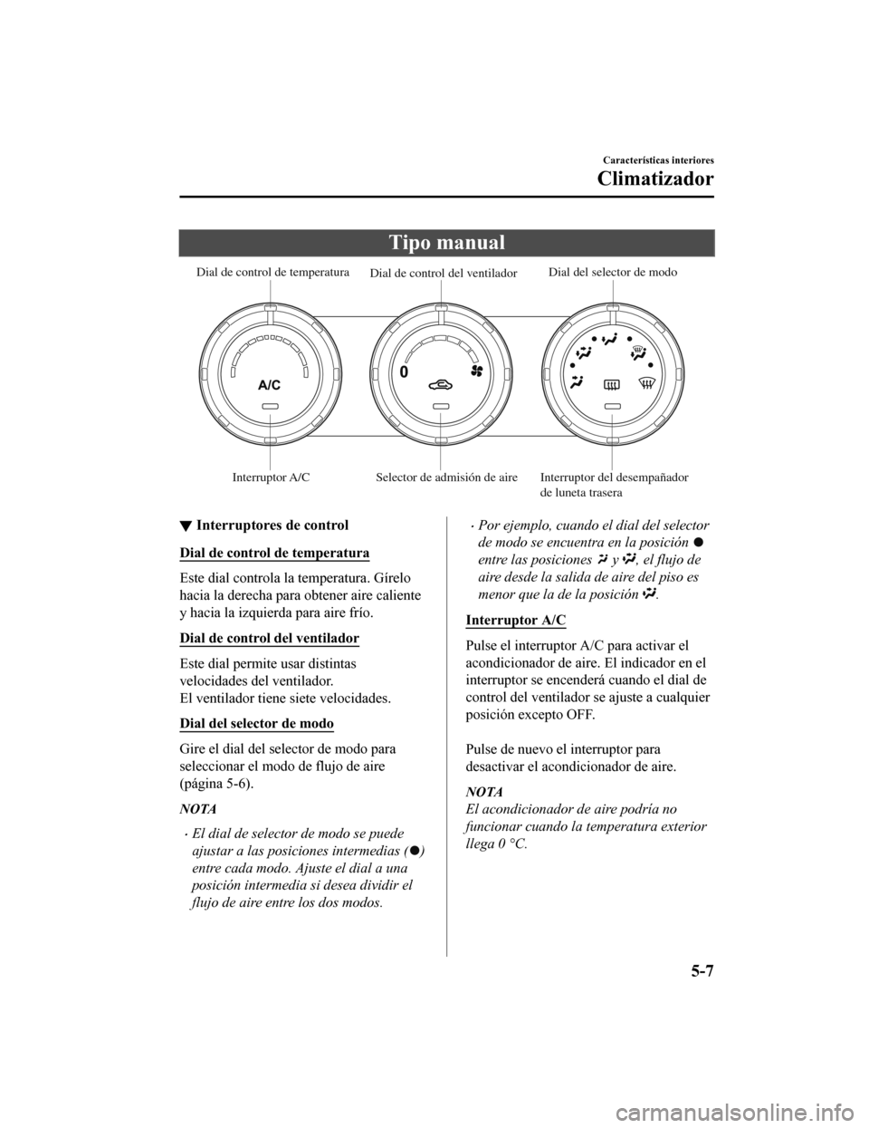 MAZDA MODEL CX-5 2019  Manual del propietario (in Spanish) Tipo manual
Dial de control de temperatura Dial de control del ventilador Dial del selector de modo
Interruptor A/C Selector de admisión de aire Interruptor del desempañador  de luneta trasera
▼In