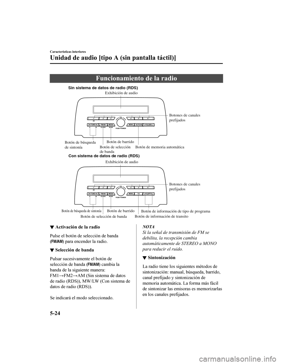 MAZDA MODEL CX-5 2019  Manual del propietario (in Spanish) Funcionamiento de la radio
Sin sistema de datos de radio (RDS)Con sistema de datos de radio (RDS) Botón de selección de banda Botón de información de transitoBotones de canales 
prefijados
Botón 