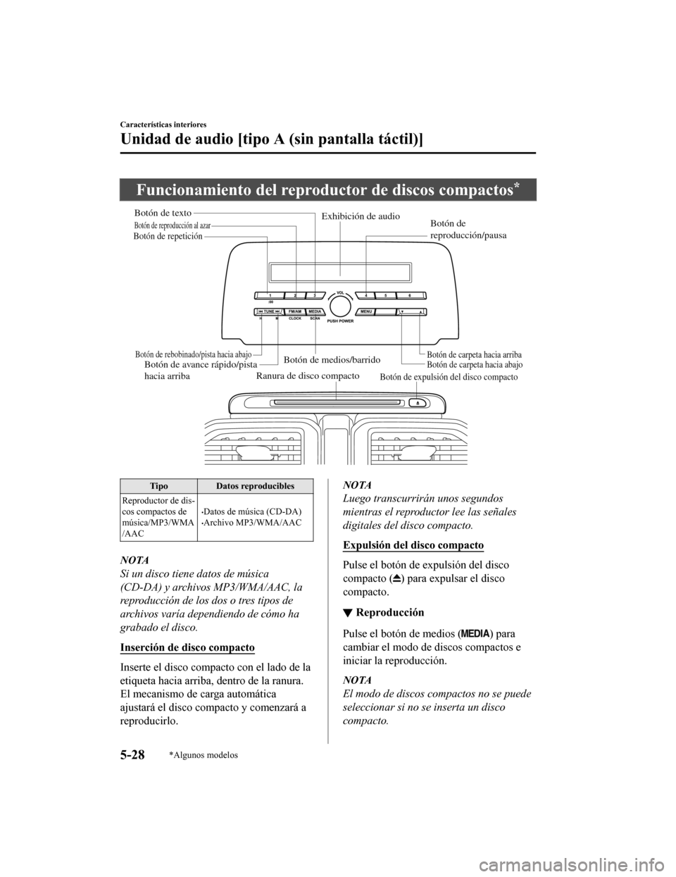 MAZDA MODEL CX-5 2019  Manual del propietario (in Spanish) Funcionamiento del reproductor de discos compactos*
Ranura de disco compactoBotón de expulsión del disco compacto
Botón de medios/barridoBotón de carpeta hacia abajoBotón de carpeta hacia arribaB