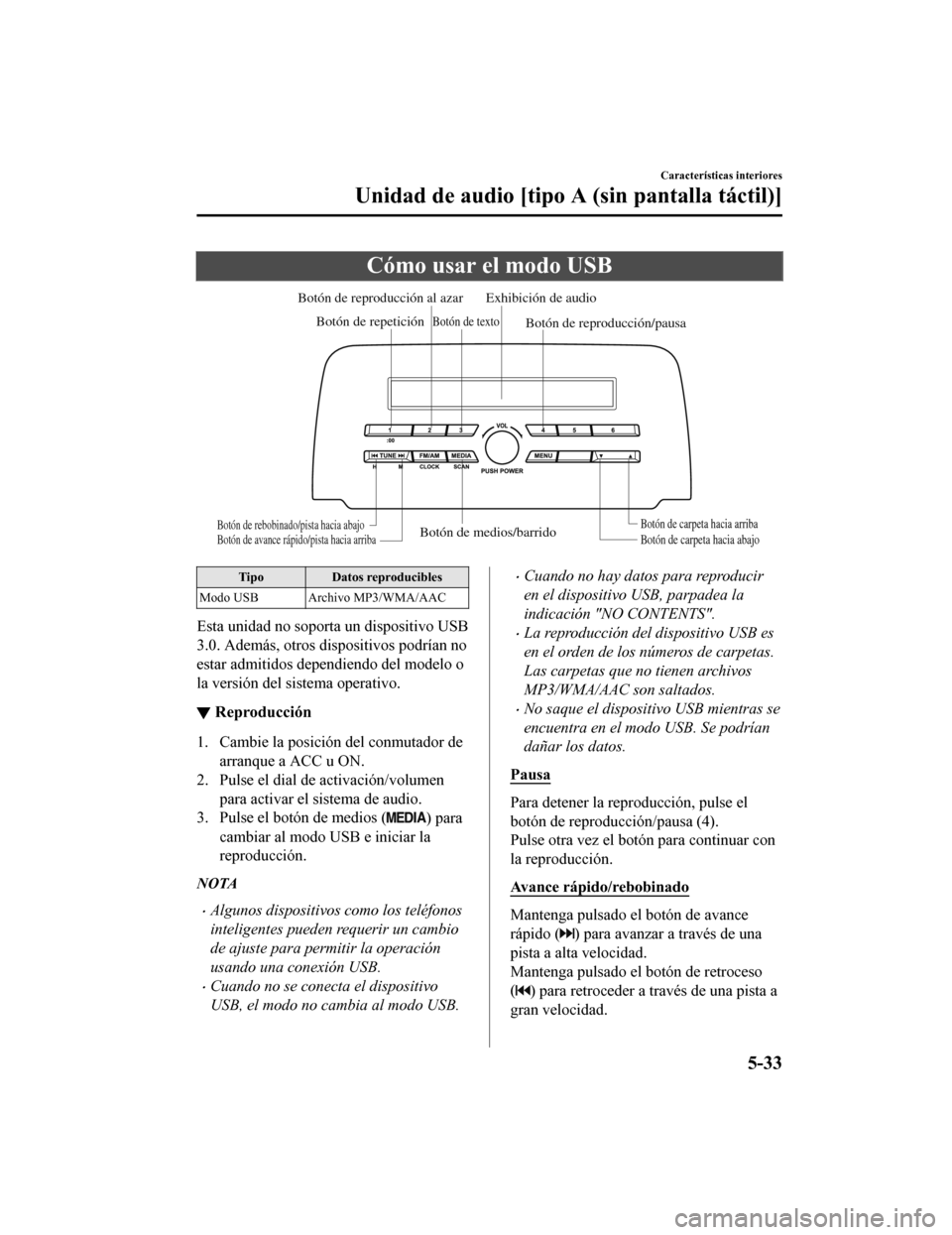 MAZDA MODEL CX-5 2019  Manual del propietario (in Spanish) Cómo usar el modo USB
Botón de medios/barridoBotón de carpeta hacia abajoBotón de carpeta hacia arriba
Botón de reproducción/pausa
Botón de reproducción al azar
Botón de repetición Exhibici