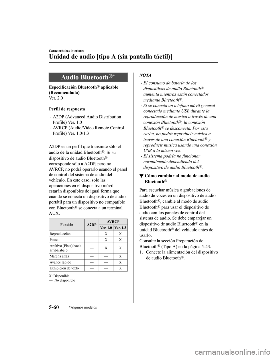 MAZDA MODEL CX-5 2019  Manual del propietario (in Spanish) Audio Bluetooth®*
Especificación Bluetooth® aplicable
(Recomendada)
Ver. 2.0
 
Perfil de respuesta
•A2DP (Advanced Audio Distribution
Profile) Ver. 1.0
•AVRCP (Audio/Video Remote Control
Profil