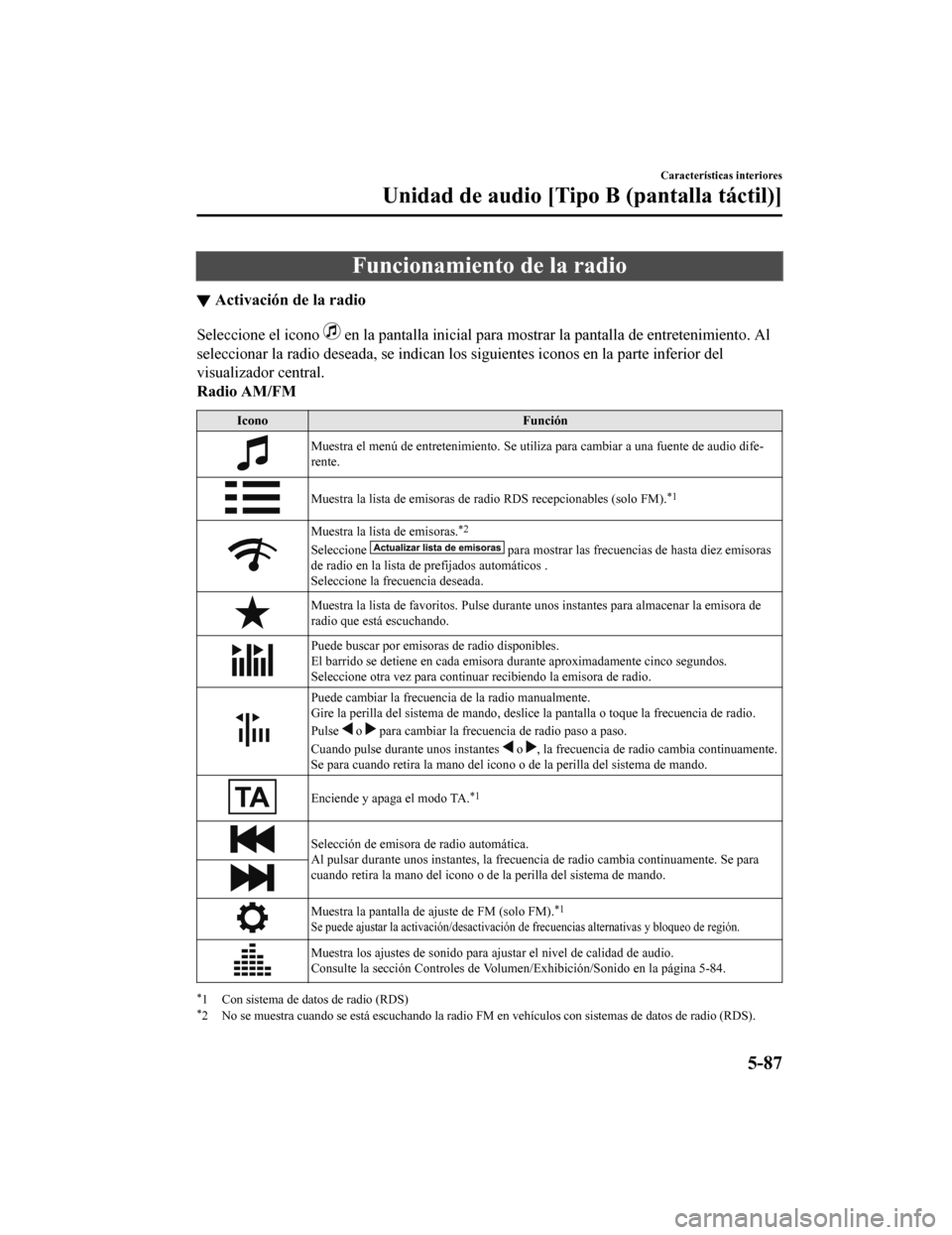 MAZDA MODEL CX-5 2019 Manual del propietario (in Spanish) Funcionamiento de la radio
▼Activación de la radio
Seleccione el icono en la pantalla inicial para mos
trar la pantalla de entretenimiento. Al
seleccionar la radio deseada, se indican los siguient MAZDA MODEL CX-5 2019 Manual del propietario (in Spanish) Funcionamiento de la radio
▼Activación de la radio
Seleccione el icono en la pantalla inicial para mos
trar la pantalla de entretenimiento. Al
seleccionar la radio deseada, se indican los siguient
