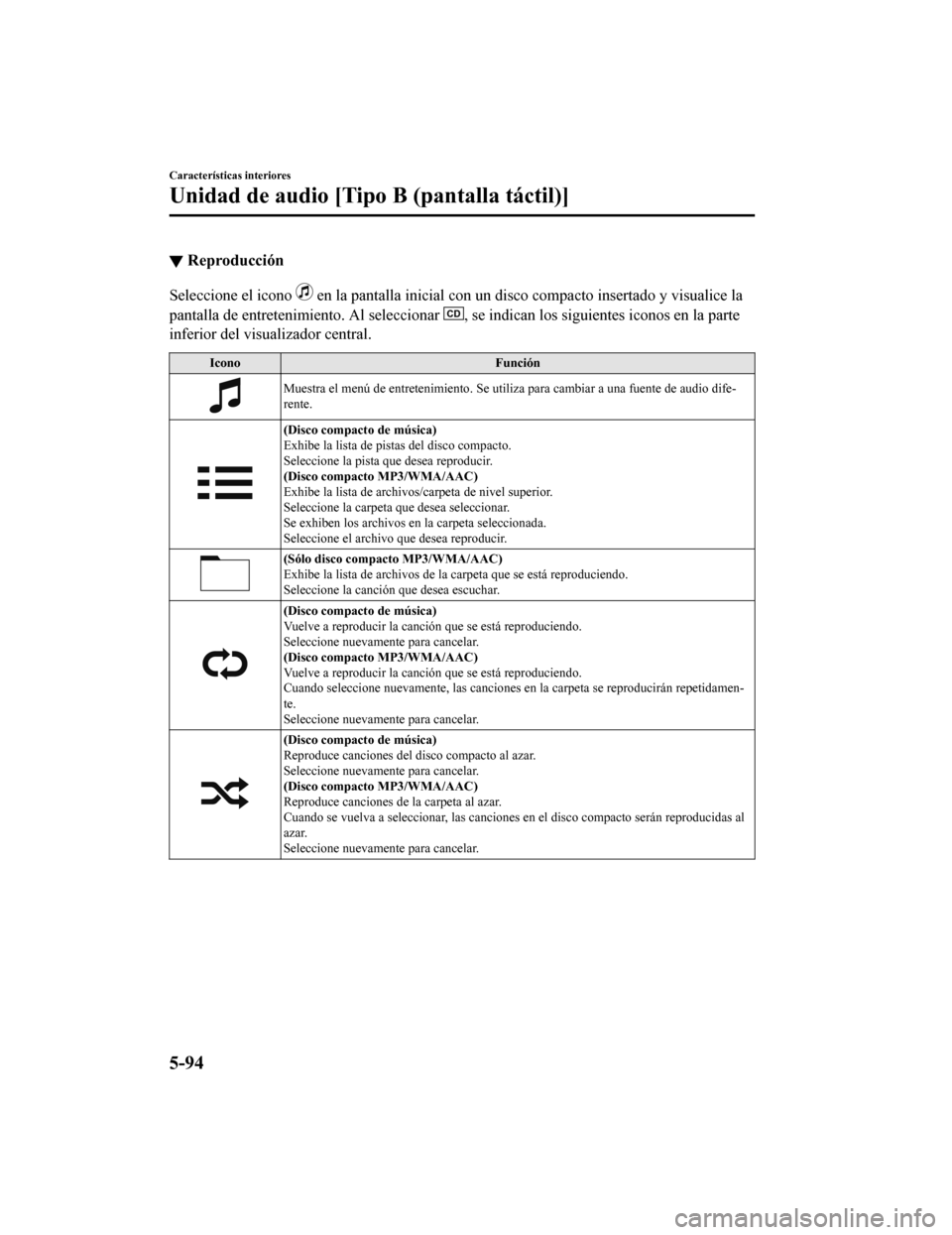MAZDA MODEL CX-5 2019 Manual del propietario (in Spanish) ▼Reproducción
Seleccione el icono en la pantalla inicial con un disco compacto insertado y visua
lice la
pantalla de entretenimiento. Al seleccionar
, se indican los siguientes iconos en la parte MAZDA MODEL CX-5 2019 Manual del propietario (in Spanish) ▼Reproducción
Seleccione el icono en la pantalla inicial con un disco compacto insertado y visua
lice la
pantalla de entretenimiento. Al seleccionar
, se indican los siguientes iconos en la parte