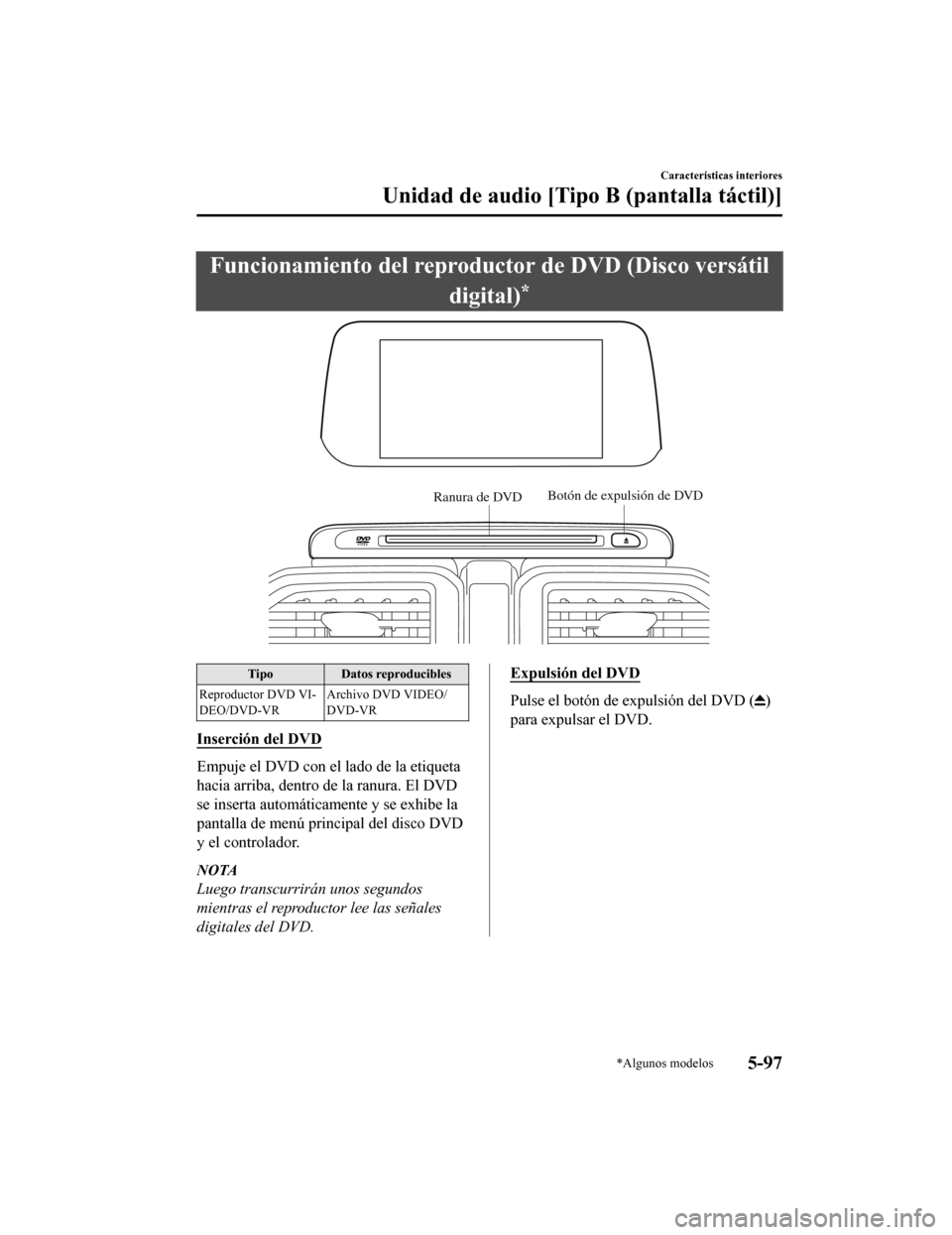MAZDA MODEL CX-5 2019 Manual del propietario (in Spanish) Funcionamiento del reproductor de DVD (Disco versátildigital)
*
Ranura de DVDBotón de expulsión de DVD
Tipo
Datos reproducibles
Reproductor DVD VI-
DEO/DVD-VR Archivo DVD VIDEO/
DVD-VR
Inserción d MAZDA MODEL CX-5 2019 Manual del propietario (in Spanish) Funcionamiento del reproductor de DVD (Disco versátildigital)
*
Ranura de DVDBotón de expulsión de DVD
Tipo
Datos reproducibles
Reproductor DVD VI-
DEO/DVD-VR Archivo DVD VIDEO/
DVD-VR
Inserción d