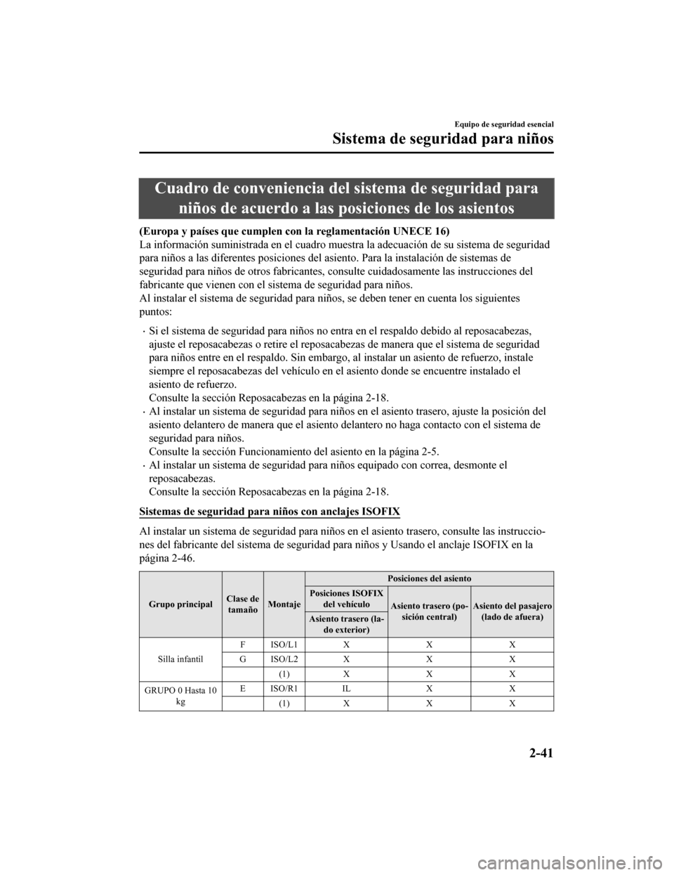 MAZDA MODEL CX-5 2019  Manual del propietario (in Spanish) Cuadro de conveniencia del sistema de seguridad paraniños de acuerdo a las posiciones de los asientos
(Europa y países que cumplen con la reglamentación UNECE 16)
La información suministrada en el