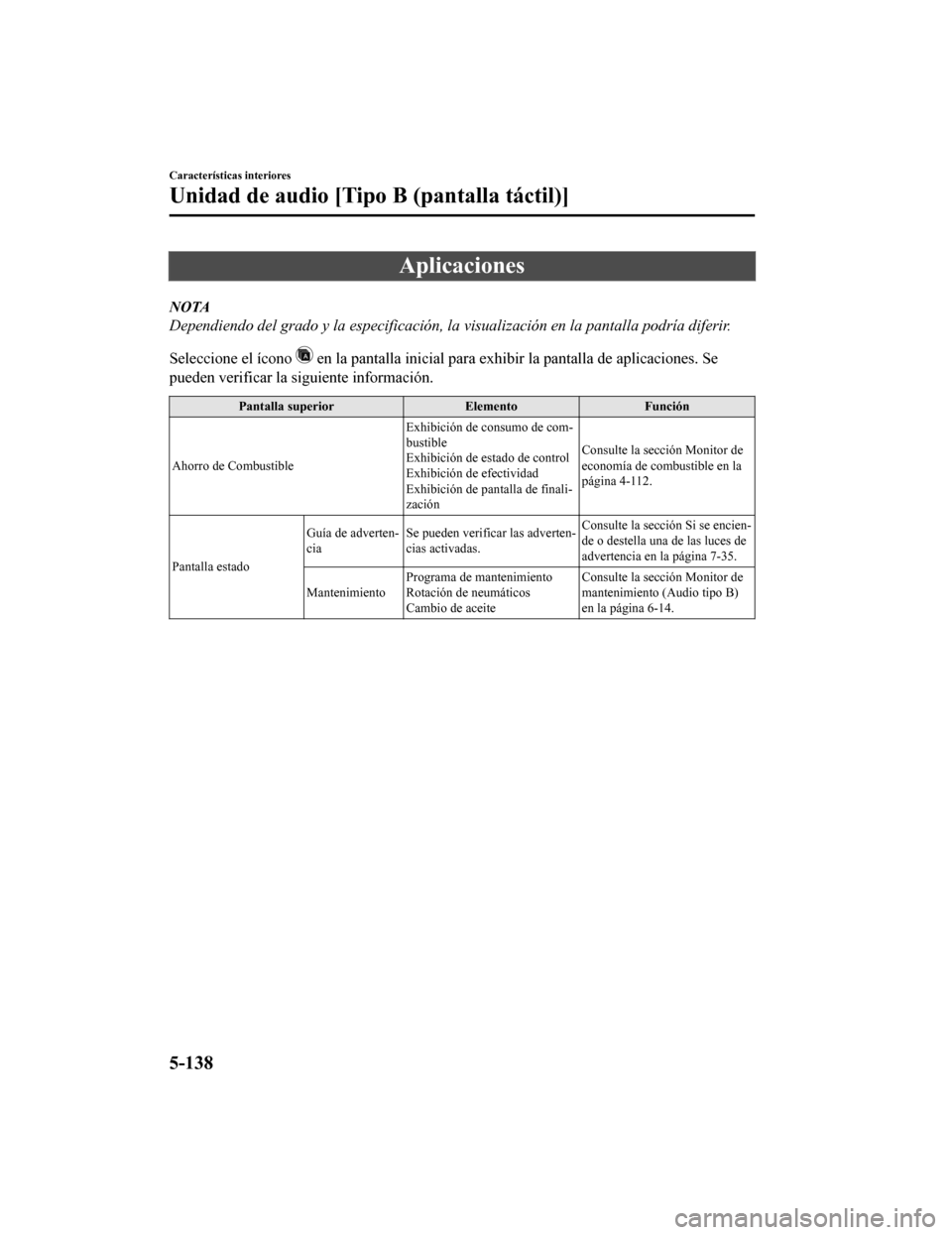 MAZDA MODEL CX-5 2019  Manual del propietario (in Spanish) Aplicaciones
NOTA
Dependiendo del grado y la especificación, la visualización en la pantalla podría diferir.
Seleccione el ícono 
 en la pantalla inicial para exhibir la pantalla de aplicaciones. 