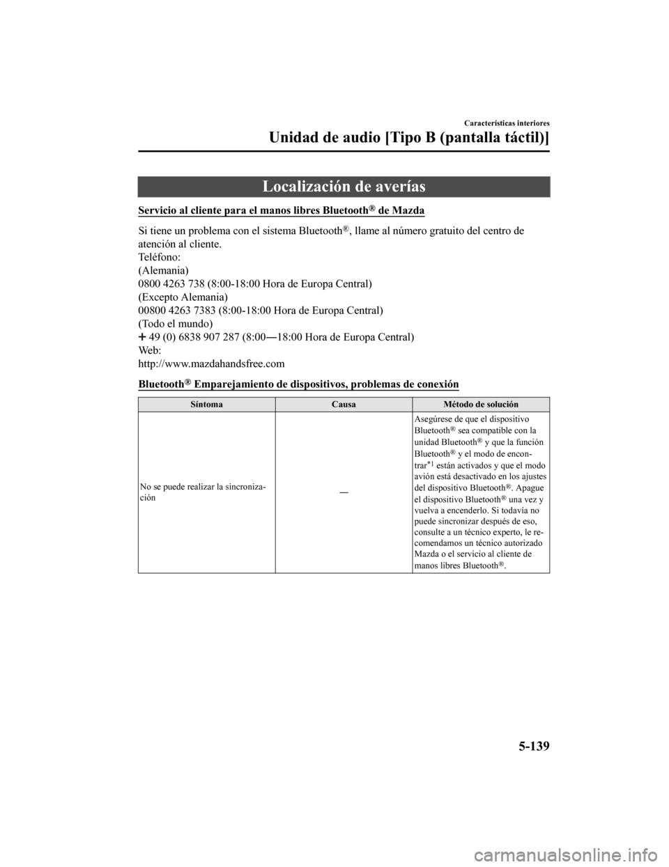 MAZDA MODEL CX-5 2019  Manual del propietario (in Spanish) Localización de averías
Servicio al cliente para el manos libres Bluetooth® de Mazda
Si tiene un problema con el sistema Bluetooth®, llame al número gratuito del centro de
atención al cliente.
T