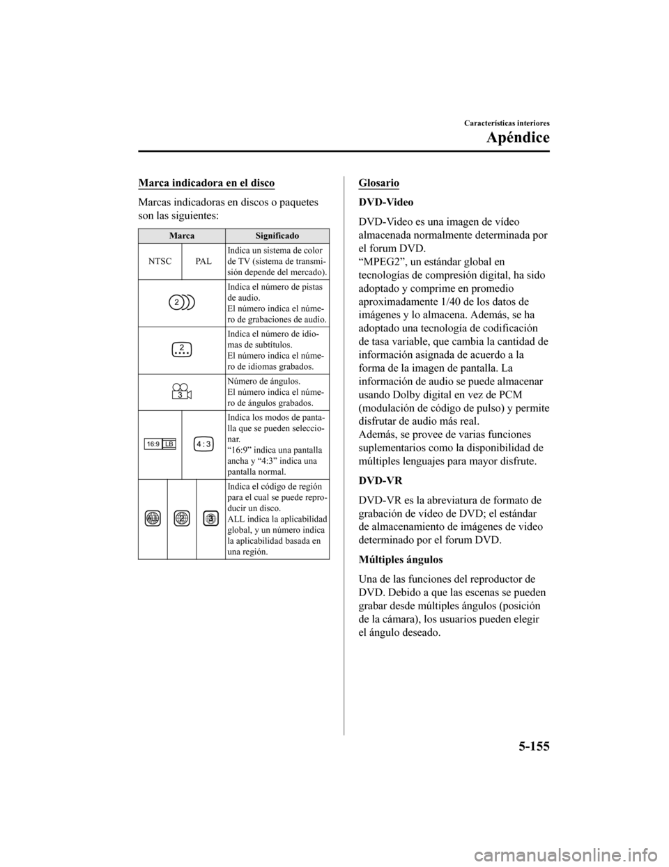 MAZDA MODEL CX-5 2019 Manual del propietario (in Spanish) Marca indicadora en el disco
Marcas indicadoras en discos o paquetes
son las siguientes:
MarcaSignificado
NTSC PAL Indica un sistema de color
de TV (sistema de transmi-
sión depende del mercado).
Ind MAZDA MODEL CX-5 2019 Manual del propietario (in Spanish) Marca indicadora en el disco
Marcas indicadoras en discos o paquetes
son las siguientes:
MarcaSignificado
NTSC PAL Indica un sistema de color
de TV (sistema de transmi-
sión depende del mercado).
Ind