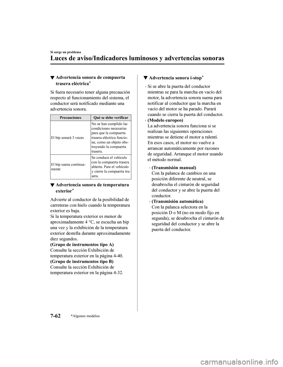 MAZDA MODEL CX-5 2019  Manual del propietario (in Spanish) ▼Advertencia sono
ra de compuerta
trasera eléctrica*
Si fuera necesario ten er alguna precaución
respecto al funcionamiento del sistema, el
conductor será notificado mediante una
advertencia sono