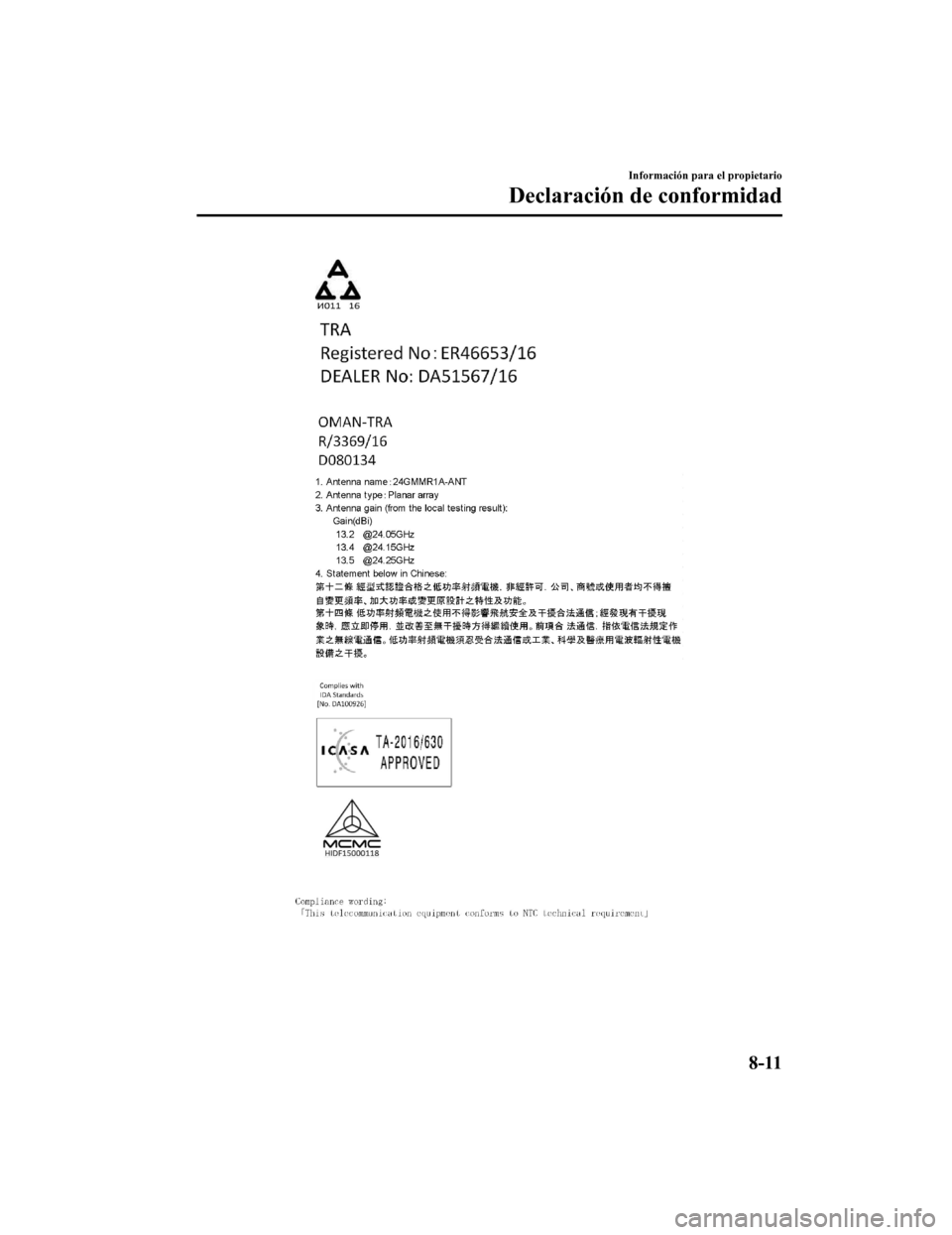 MAZDA MODEL CX-5 2019  Manual del propietario (in Spanish) Información para el propietario
Declaración de conformidad
8-11
CX-5_8GJ3-SP-18B_Edition12018-1-18 22:08:37 