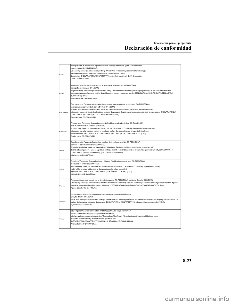 MAZDA MODEL CX-5 2019  Manual del propietario (in Spanish) Información para el propietario
Declaración de conformidad
8-23
CX-5_8GJ3-SP-18B_Edition12018-1-18 22:08:37 