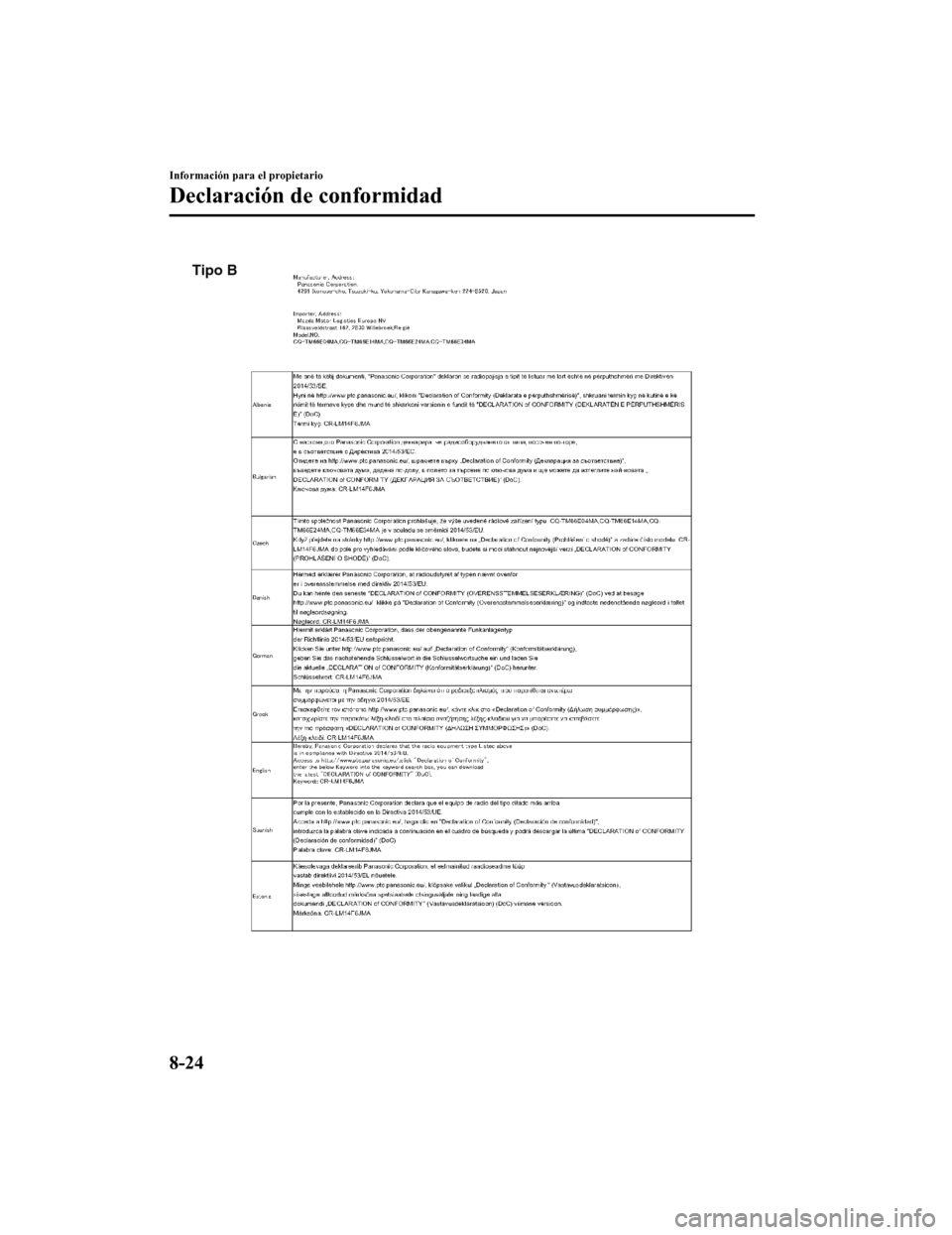 MAZDA MODEL CX-5 2019  Manual del propietario (in Spanish) Tipo B
Información para el propietario
Declaración de conformidad
8-24
CX-5_8GJ3-SP-18B_Edition12018-1-18 22:08:37 