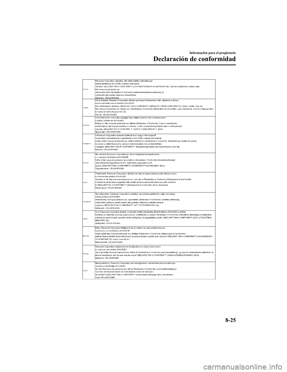MAZDA MODEL CX-5 2019  Manual del propietario (in Spanish) Información para el propietario
Declaración de conformidad
8-25
CX-5_8GJ3-SP-18B_Edition12018-1-18 22:08:37 