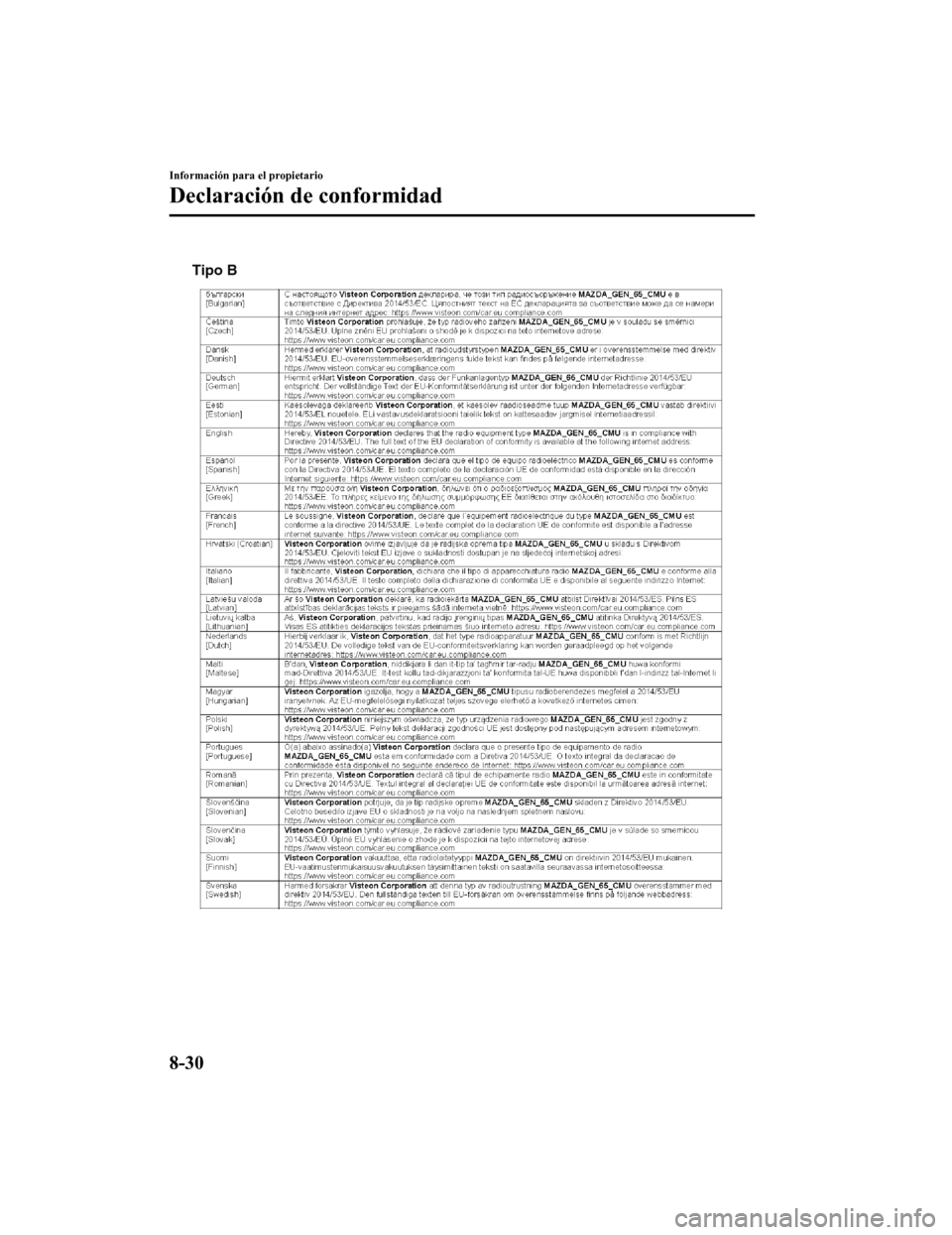 MAZDA MODEL CX-5 2019  Manual del propietario (in Spanish) Tipo B
Información para el propietario
Declaración de conformidad
8-30
CX-5_8GJ3-SP-18B_Edition12018-1-18 22:08:37 