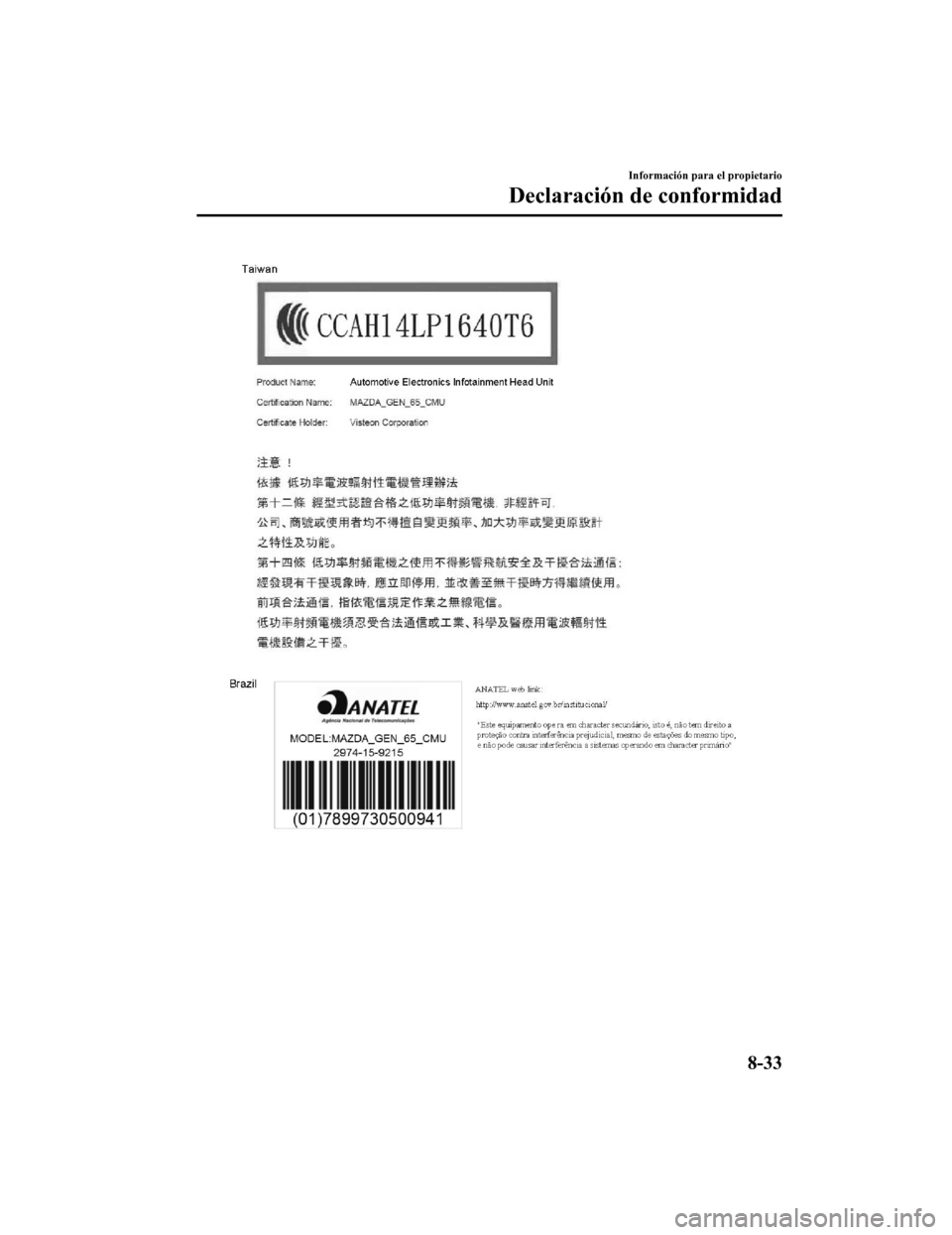 MAZDA MODEL CX-5 2019  Manual del propietario (in Spanish) Información para el propietario
Declaración de conformidad
8-33
CX-5_8GJ3-SP-18B_Edition12018-1-18 22:08:37 