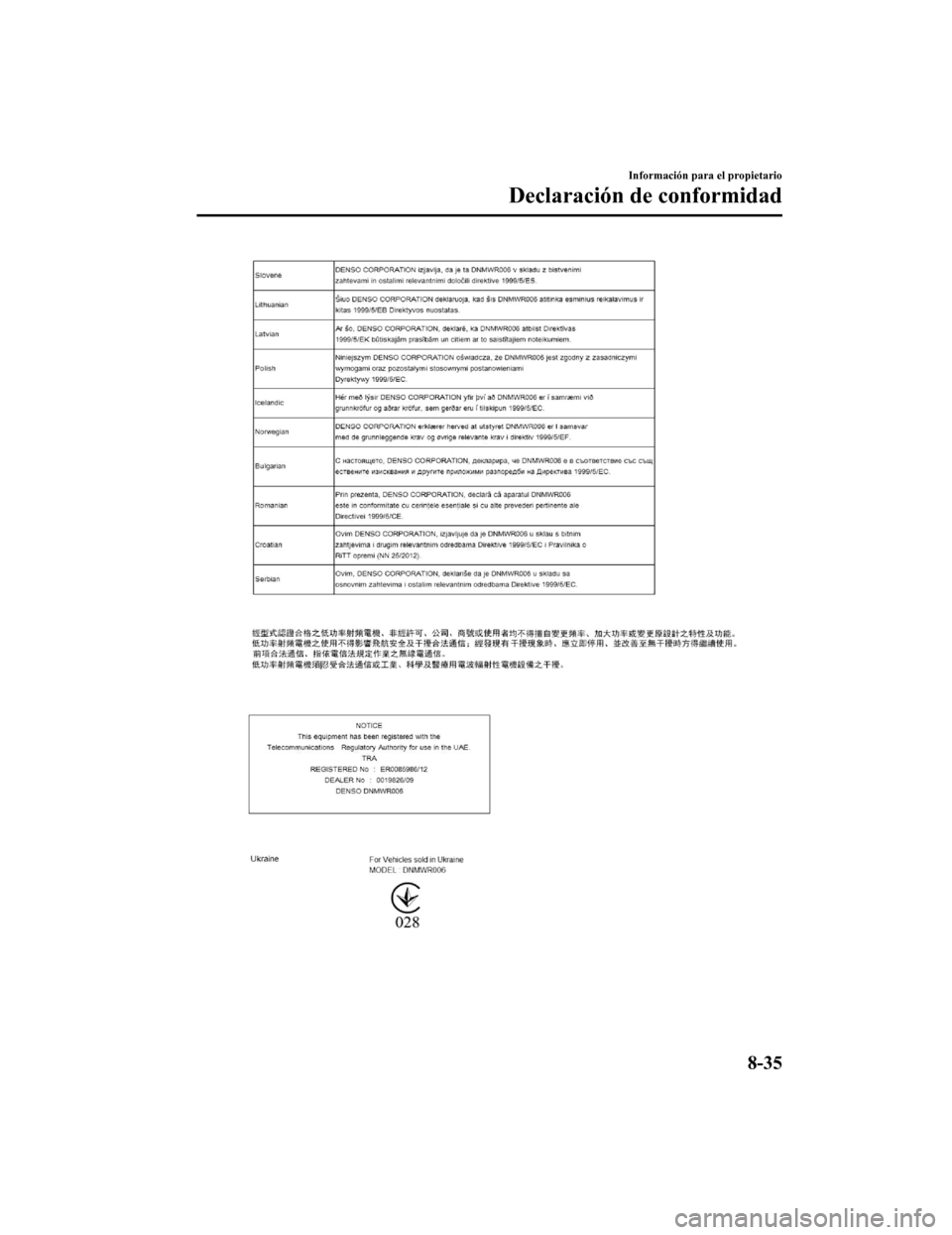 MAZDA MODEL CX-5 2019  Manual del propietario (in Spanish) Información para el propietario
Declaración de conformidad
8-35
CX-5_8GJ3-SP-18B_Edition12018-1-18 22:08:37 