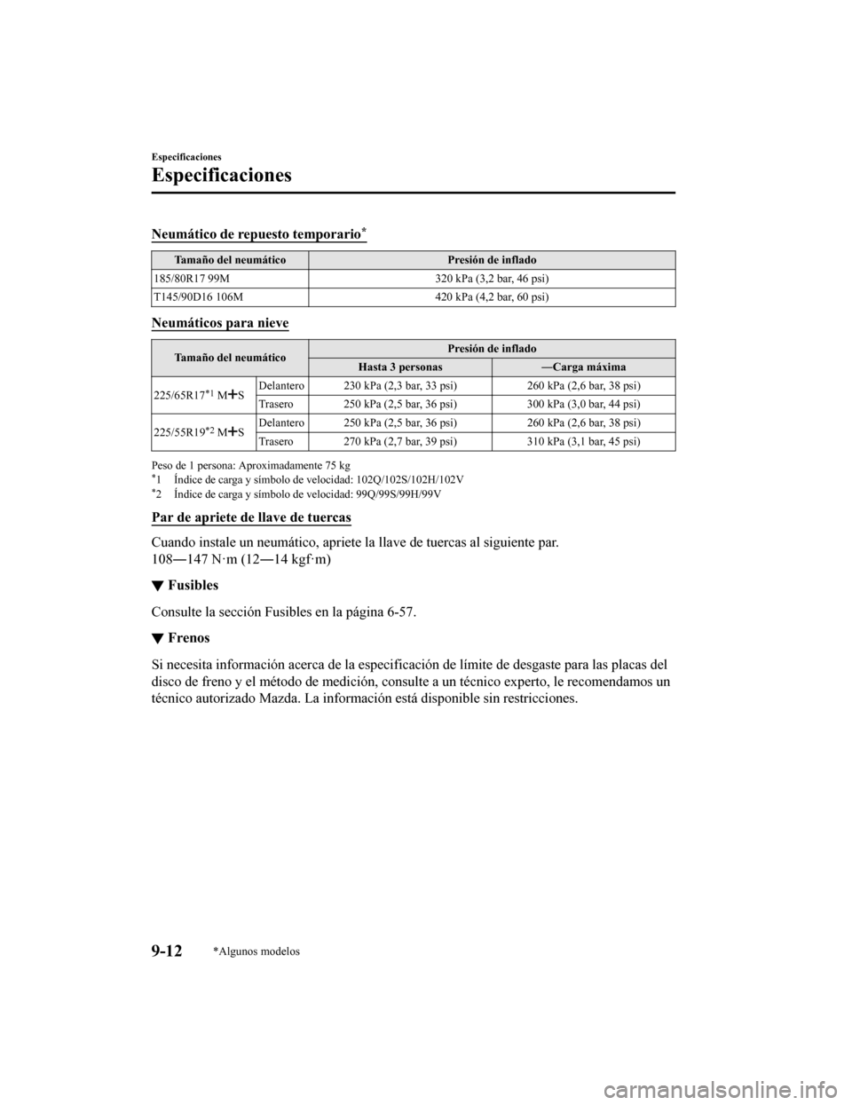 MAZDA MODEL CX-5 2019 Manual del propietario (in Spanish) Neumático de repuesto temporario*
Tamaño del neumáticoPresión de inflado
185/80R17 99M 320 kPa (3,2 bar, 46 psi)
T145/90D16 106M 420 kPa (4,2 bar, 60 psi)
Neumáticos para nieve
Tamaño del neumá MAZDA MODEL CX-5 2019 Manual del propietario (in Spanish) Neumático de repuesto temporario*
Tamaño del neumáticoPresión de inflado
185/80R17 99M 320 kPa (3,2 bar, 46 psi)
T145/90D16 106M 420 kPa (4,2 bar, 60 psi)
Neumáticos para nieve
Tamaño del neumá