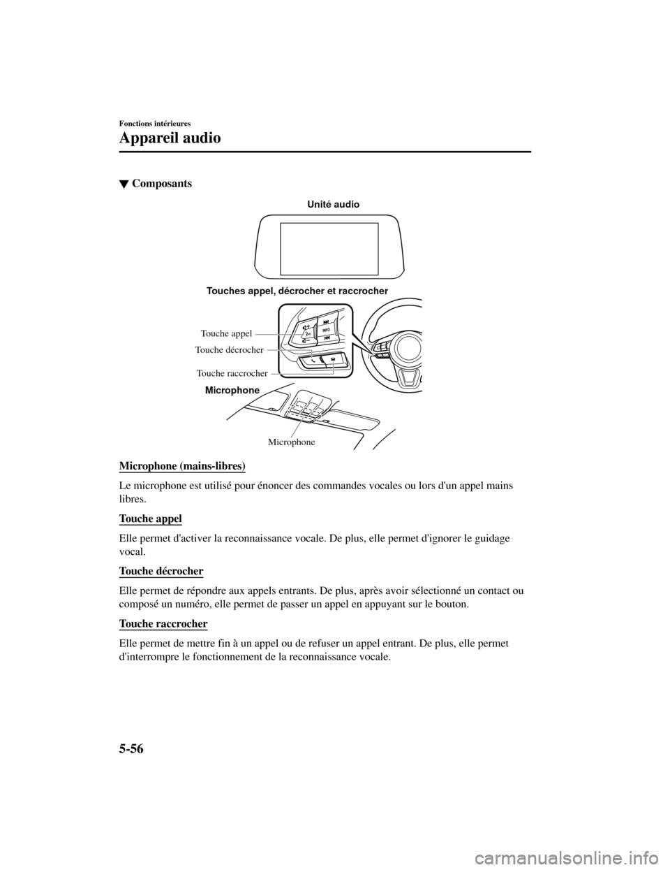MAZDA MODEL CX-5 2019 Manuel du propriétaire (in French) ▼Composants
Microphone
Touches appel, décrocher et raccrocher
Microphone Unité audio
Touche appel
Touche raccrocher
Touche décrocher
Microphone (mains-libres)
Le microphone est utilisé pour éno MAZDA MODEL CX-5 2019 Manuel du propriétaire (in French) ▼Composants
Microphone
Touches appel, décrocher et raccrocher
Microphone Unité audio
Touche appel
Touche raccrocher
Touche décrocher
Microphone (mains-libres)
Le microphone est utilisé pour éno