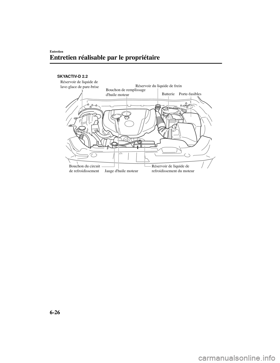 MAZDA MODEL CX-5 2019 Manuel du propriétaire (in French) Réservoir de liquide de
lave-glace de pare-brise
Bouchon de remplissage
dhuile moteur
Jauge dhuile moteur Batterie
Bouchon du circuit
de refroidissement
Réservoir de liquide de
refroidissement MAZDA MODEL CX-5 2019 Manuel du propriétaire (in French) Réservoir de liquide de
lave-glace de pare-brise
Bouchon de remplissage
dhuile moteur
Jauge dhuile moteur Batterie
Bouchon du circuit
de refroidissement
Réservoir de liquide de
refroidissement