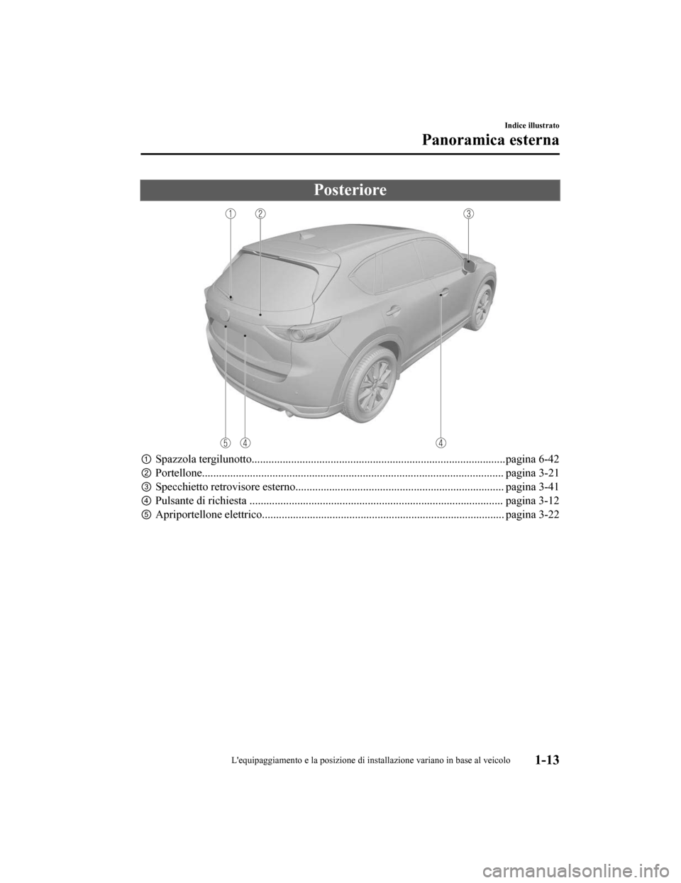 MAZDA MODEL CX-5 2019 Manuale del proprietario (in Italian) Posteriore
①Spazzola tergilunotto..........................................................................................pagina 6-42
② Portellone................................................. MAZDA MODEL CX-5 2019 Manuale del proprietario (in Italian) Posteriore
①Spazzola tergilunotto..........................................................................................pagina 6-42
② Portellone.................................................