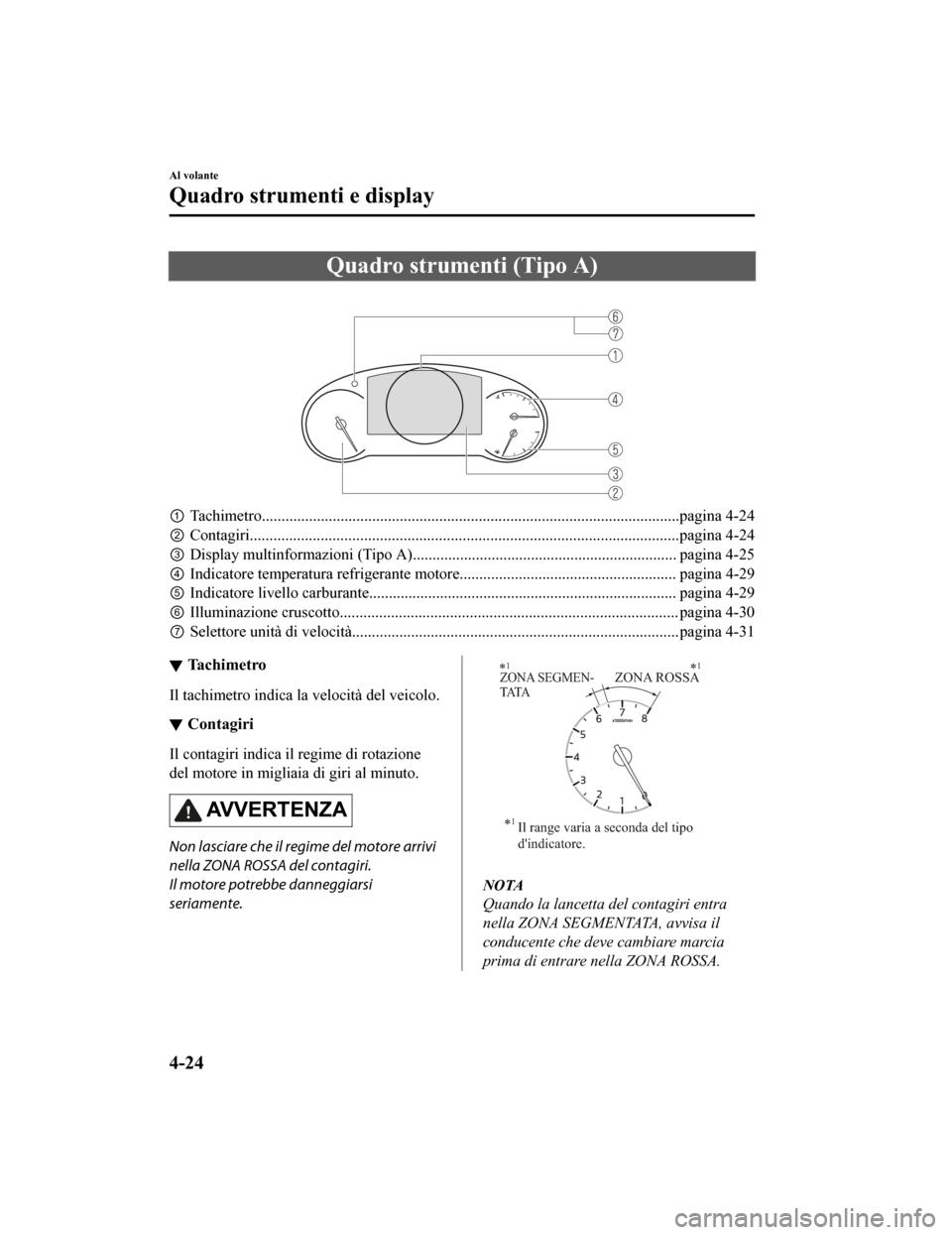 MAZDA MODEL CX-5 2019  Manuale del proprietario (in Italian) Quadro strumenti (Tipo A)
 
①Tachimetro..................................................... .....................................................pagina 4-24
② Contagiri...........................