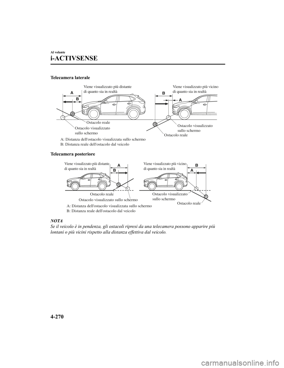 MAZDA MODEL CX-5 2019 Manuale del proprietario (in Italian) Telecamera laterale
Ostacolo realeOstacolo reale
A: Distanza dellostacolo visualizzata sullo schermo
B: Distanza reale dellostacolo dal v eicolo
Ostacolo visualizzato
sullo schermo
Ostacolo visual MAZDA MODEL CX-5 2019 Manuale del proprietario (in Italian) Telecamera laterale
Ostacolo realeOstacolo reale
A: Distanza dellostacolo visualizzata sullo schermo
B: Distanza reale dellostacolo dal v eicolo
Ostacolo visualizzato
sullo schermo
Ostacolo visual