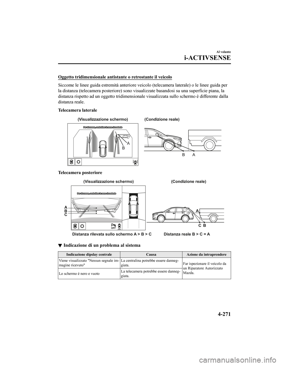 MAZDA MODEL CX-5 2019 Manuale del proprietario (in Italian) Oggetto tridimensionale antistante o retrostante il veicolo
Siccome le linee guida estremità anteriore veicolo (telecamera laterale) o le linee guida per
la distanza (telecamera posteriore) sono visu MAZDA MODEL CX-5 2019 Manuale del proprietario (in Italian) Oggetto tridimensionale antistante o retrostante il veicolo
Siccome le linee guida estremità anteriore veicolo (telecamera laterale) o le linee guida per
la distanza (telecamera posteriore) sono visu