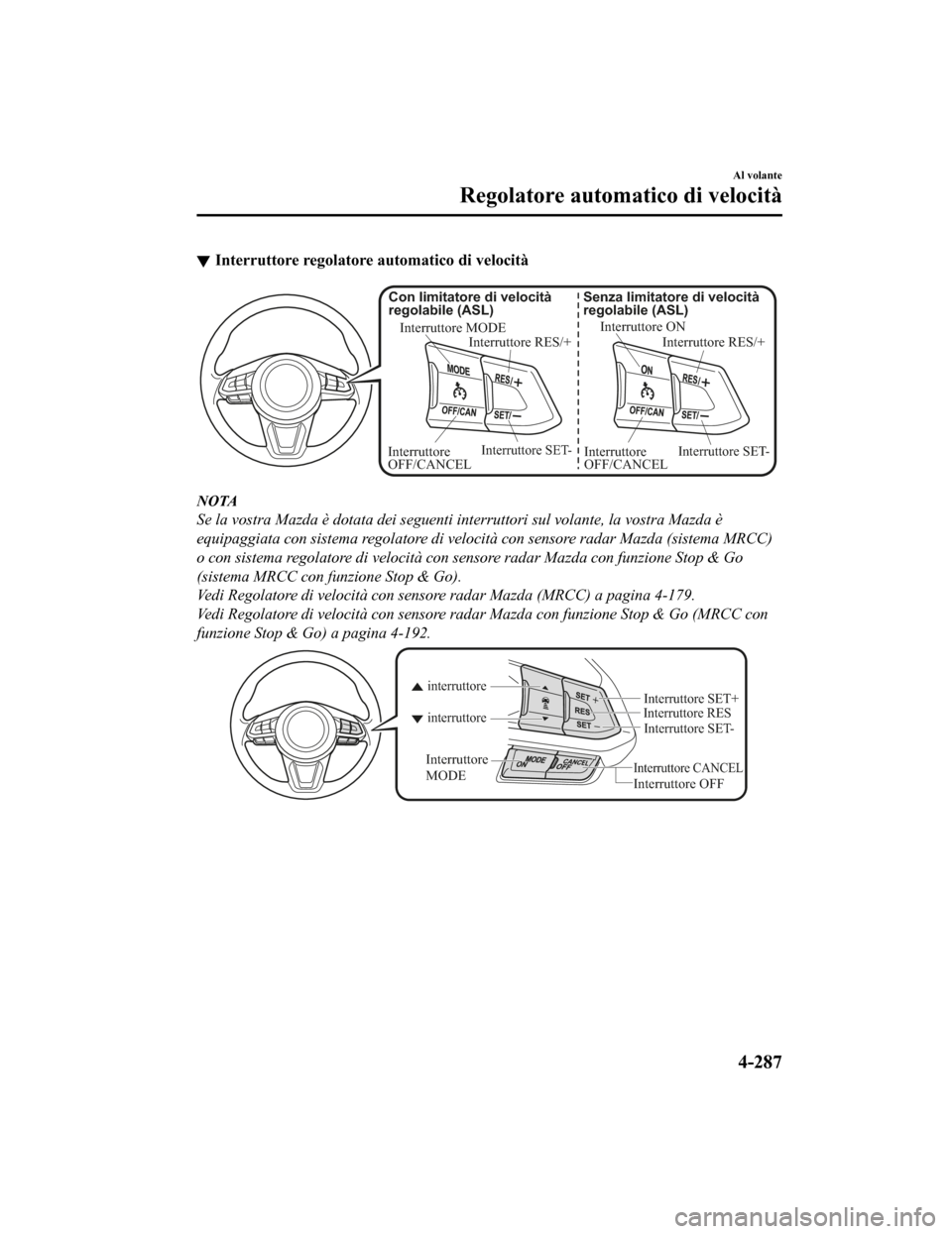 MAZDA MODEL CX-5 2019 Manuale del proprietario (in Italian) Interruttore regolatore automatico di velocità
Interruttore ONInterruttore RES/+
Senza limitatore di velocità
regolabile (ASL)
Interruttore SET-Interruttore
OFF/CANCEL
Interruttore MODE
Interrutto MAZDA MODEL CX-5 2019 Manuale del proprietario (in Italian) Interruttore regolatore automatico di velocità
Interruttore ONInterruttore RES/+
Senza limitatore di velocità
regolabile (ASL)
Interruttore SET-Interruttore
OFF/CANCEL
Interruttore MODE
Interrutto