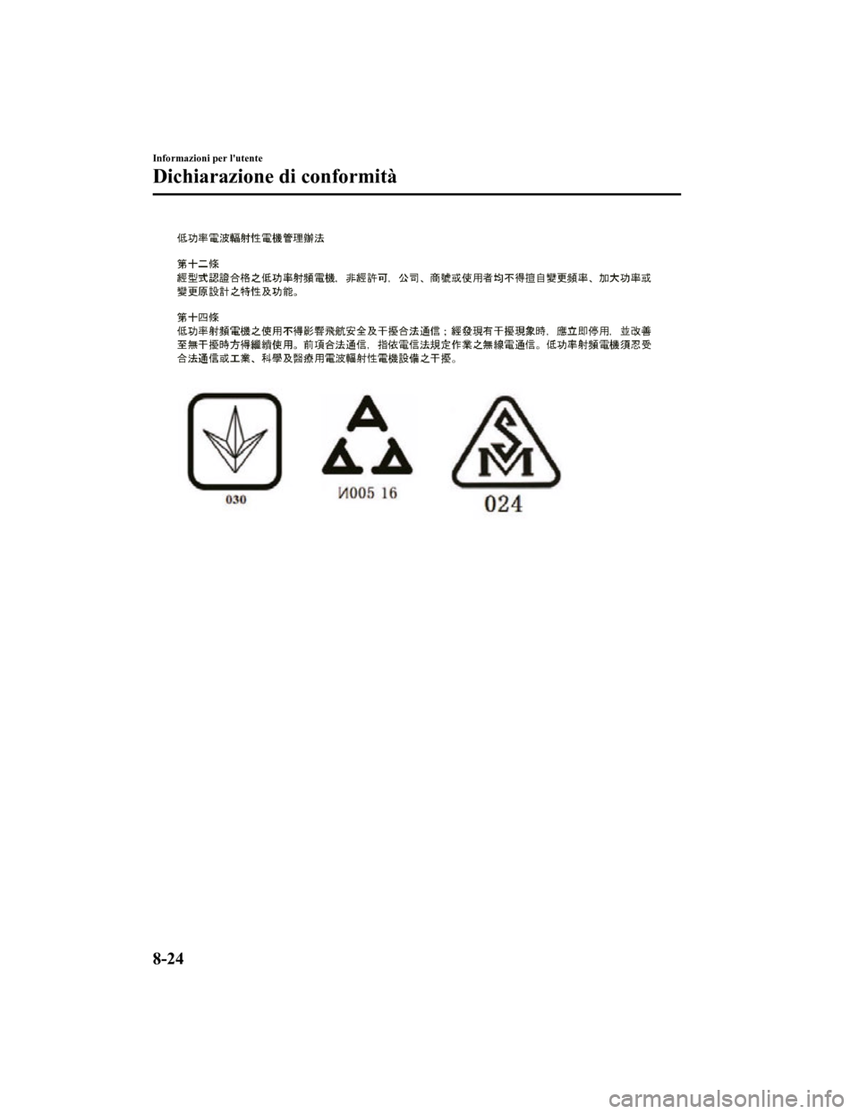 MAZDA MODEL CX-5 2019 Manuale del proprietario (in Italian) Informazioni per lutente
Dichiarazione di conformità
8-24
CX-5_8HD5-EE-18K-IT_Edition12019-2-14 17:51:09 MAZDA MODEL CX-5 2019 Manuale del proprietario (in Italian) Informazioni per lutente
Dichiarazione di conformità
8-24
CX-5_8HD5-EE-18K-IT_Edition12019-2-14 17:51:09