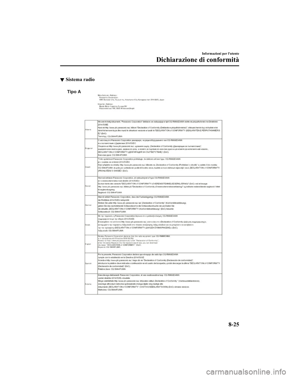 MAZDA MODEL CX-5 2019 Manuale del proprietario (in Italian) Sistema radio
Tipo A
Informazioni per lutente
Dichiarazione di conformità
8-25
CX-5_8HD5-EE-18K-IT_Edition12019-2-14 17:51:09 MAZDA MODEL CX-5 2019 Manuale del proprietario (in Italian) Sistema radio
Tipo A
Informazioni per lutente
Dichiarazione di conformità
8-25
CX-5_8HD5-EE-18K-IT_Edition12019-2-14 17:51:09