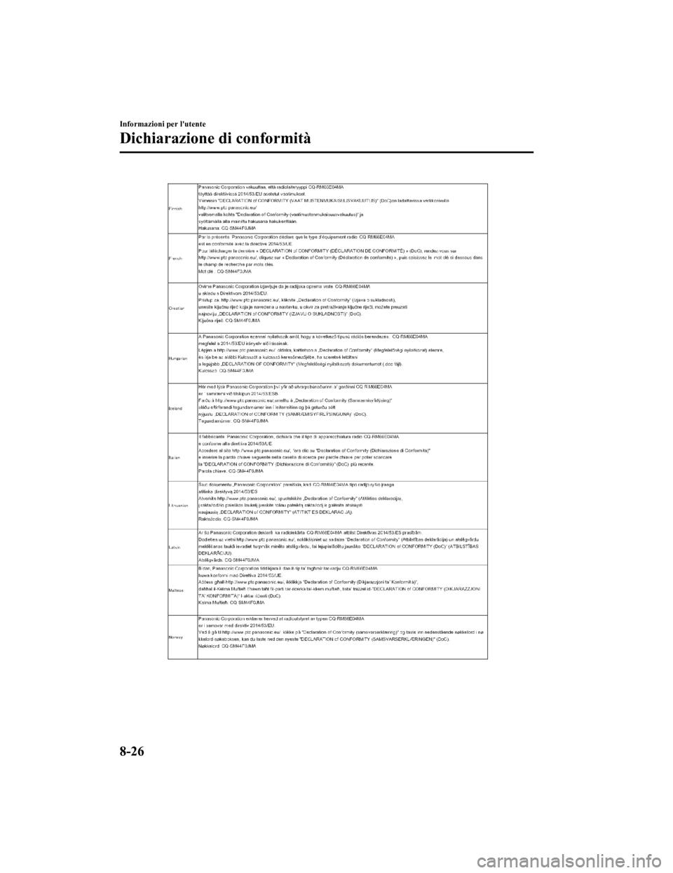MAZDA MODEL CX-5 2019 Manuale del proprietario (in Italian) Informazioni per lutente
Dichiarazione di conformità
8-26
CX-5_8HD5-EE-18K-IT_Edition12019-2-14 17:51:09 MAZDA MODEL CX-5 2019 Manuale del proprietario (in Italian) Informazioni per lutente
Dichiarazione di conformità
8-26
CX-5_8HD5-EE-18K-IT_Edition12019-2-14 17:51:09
