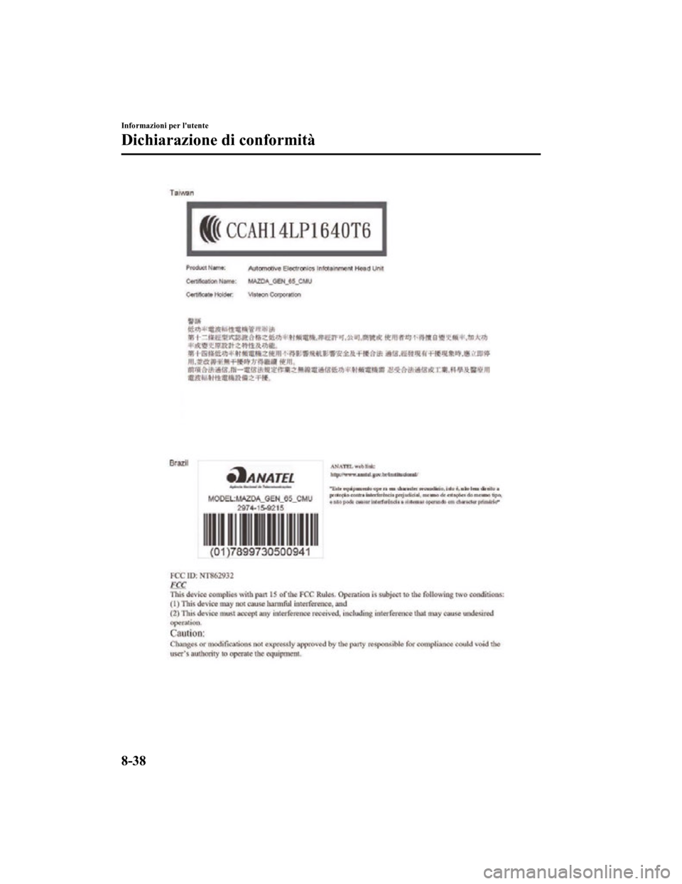 MAZDA MODEL CX-5 2019 Manuale del proprietario (in Italian) Informazioni per lutente
Dichiarazione di conformità
8-38
CX-5_8HD5-EE-18K-IT_Edition12019-2-14 17:51:09 MAZDA MODEL CX-5 2019 Manuale del proprietario (in Italian) Informazioni per lutente
Dichiarazione di conformità
8-38
CX-5_8HD5-EE-18K-IT_Edition12019-2-14 17:51:09