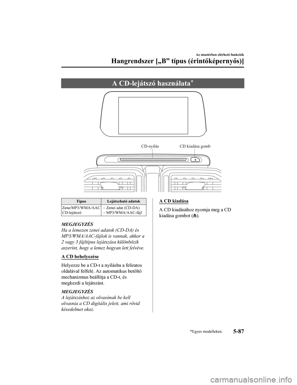 MAZDA MODEL CX-5 2019 Kezelési útmutató (in Hungarian) A CD-lejátszó használata*
CD-nyílás CD kiadása gomb
TípusLejátszható adatok
Zene/MP3/WMA/AAC
CD-lejátszó
•Zenei adat (CD-DA)•MP3/WMA/AAC-fájl
MEGJEGYZÉS
Ha a lemezen zenei adatok (CD- MAZDA MODEL CX-5 2019 Kezelési útmutató (in Hungarian) A CD-lejátszó használata*
CD-nyílás CD kiadása gomb
TípusLejátszható adatok
Zene/MP3/WMA/AAC
CD-lejátszó
•Zenei adat (CD-DA)•MP3/WMA/AAC-fájl
MEGJEGYZÉS
Ha a lemezen zenei adatok (CD-