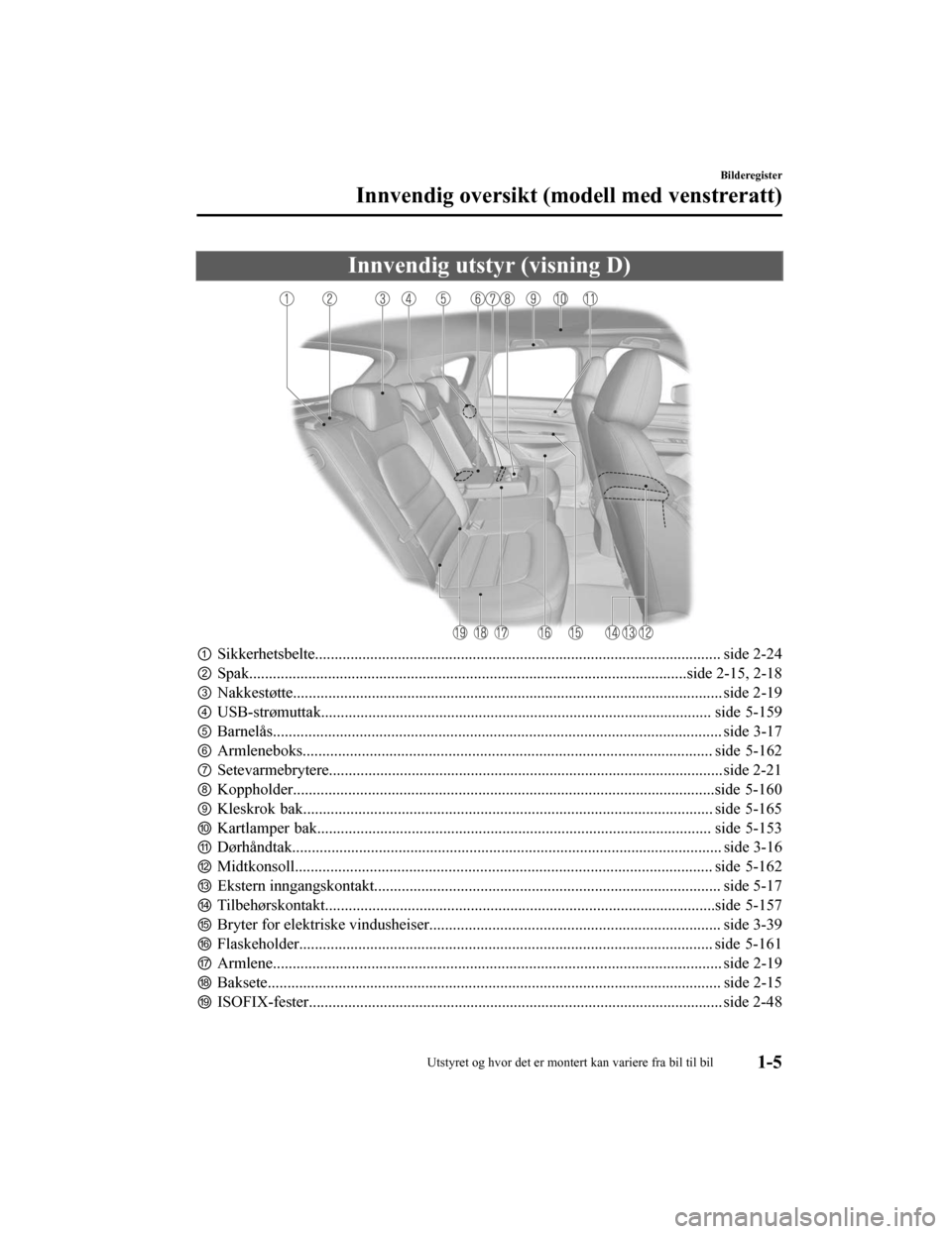 MAZDA MODEL CX-5 2019 Brukerhåndbok (in Norwegian) Innvendig utstyr (visning D)
①Sikkerhetsbelte....................................................................................................... side 2-2 4
② Spak.............................. MAZDA MODEL CX-5 2019 Brukerhåndbok (in Norwegian) Innvendig utstyr (visning D)
①Sikkerhetsbelte....................................................................................................... side 2-2 4
② Spak..............................