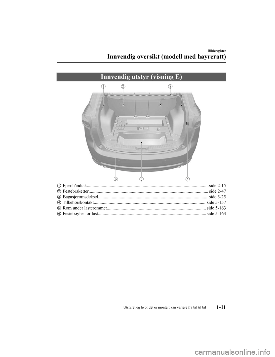 MAZDA MODEL CX-5 2019 Brukerhåndbok (in Norwegian) Innvendig utstyr (visning E)
①Fjernhåndtak........................................................................................................... side 2- 15
② Festebraketter.................. MAZDA MODEL CX-5 2019 Brukerhåndbok (in Norwegian) Innvendig utstyr (visning E)
①Fjernhåndtak........................................................................................................... side 2- 15
② Festebraketter..................