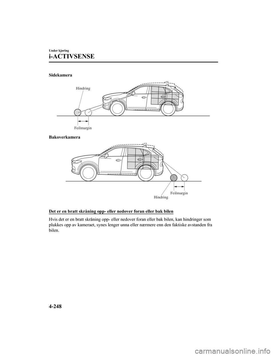 MAZDA MODEL CX-5 2019 Brukerhåndbok (in Norwegian) Sidekamera
Hindring
Feilmargin
Bakoverkamera
Hindring Feilmargin
Det er en bratt skråning opp- eller nedover foran eller bak bil
en
Hvis det er en bratt skråning opp- eller nedover foran eller bak MAZDA MODEL CX-5 2019 Brukerhåndbok (in Norwegian) Sidekamera
Hindring
Feilmargin
Bakoverkamera
Hindring Feilmargin
Det er en bratt skråning opp- eller nedover foran eller bak bil
en
Hvis det er en bratt skråning opp- eller nedover foran eller bak