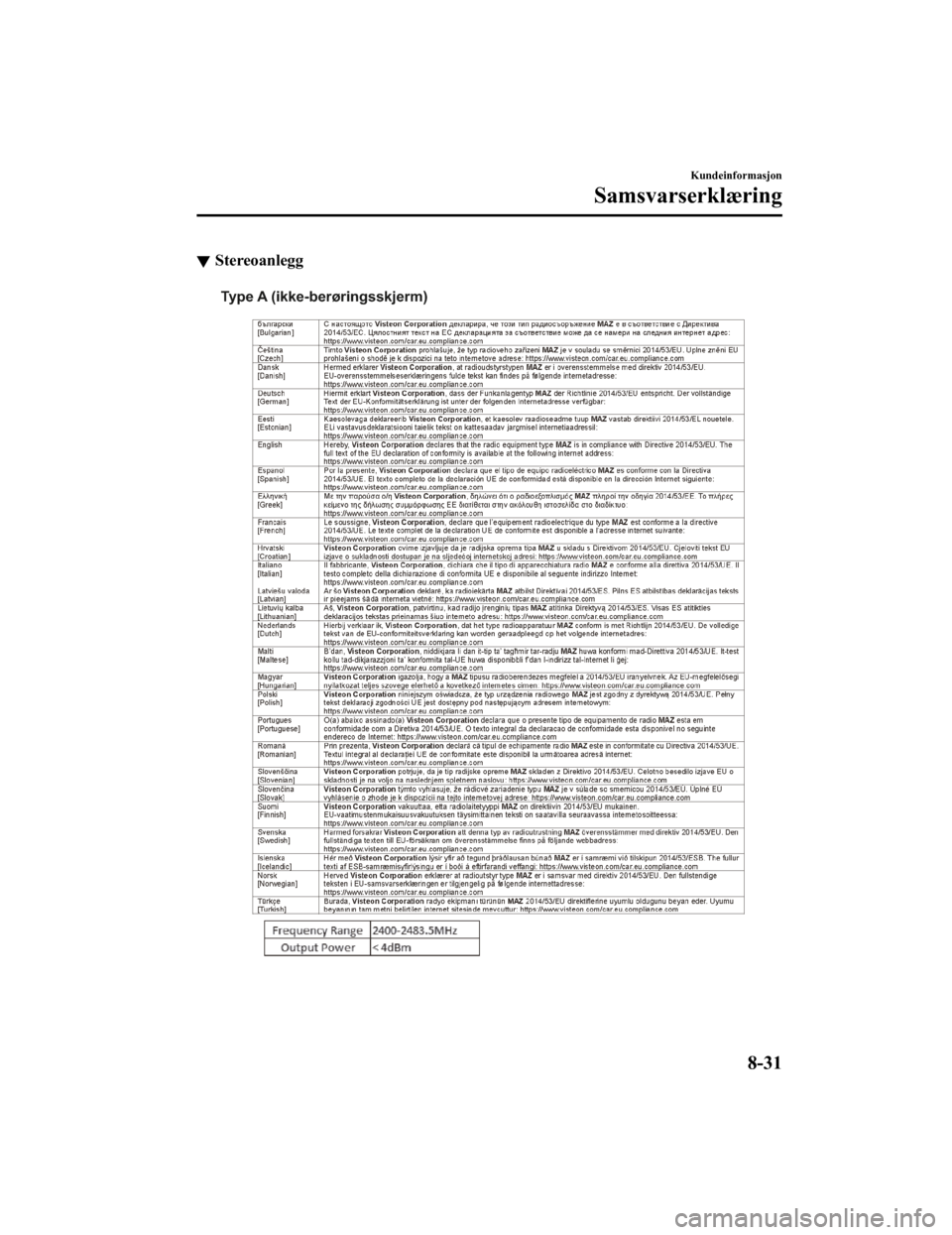 MAZDA MODEL CX-5 2019 Brukerhåndbok (in Norwegian) Stereoanlegg
Type A (ikke-berøringsskjerm)
Kundeinformasjon
Samsvarserklæring
8-31
CX-5_8HD5-EE-18K-NO_Edition12019-2-7 11:38:54 MAZDA MODEL CX-5 2019 Brukerhåndbok (in Norwegian) Stereoanlegg
Type A (ikke-berøringsskjerm)
Kundeinformasjon
Samsvarserklæring
8-31
CX-5_8HD5-EE-18K-NO_Edition12019-2-7 11:38:54