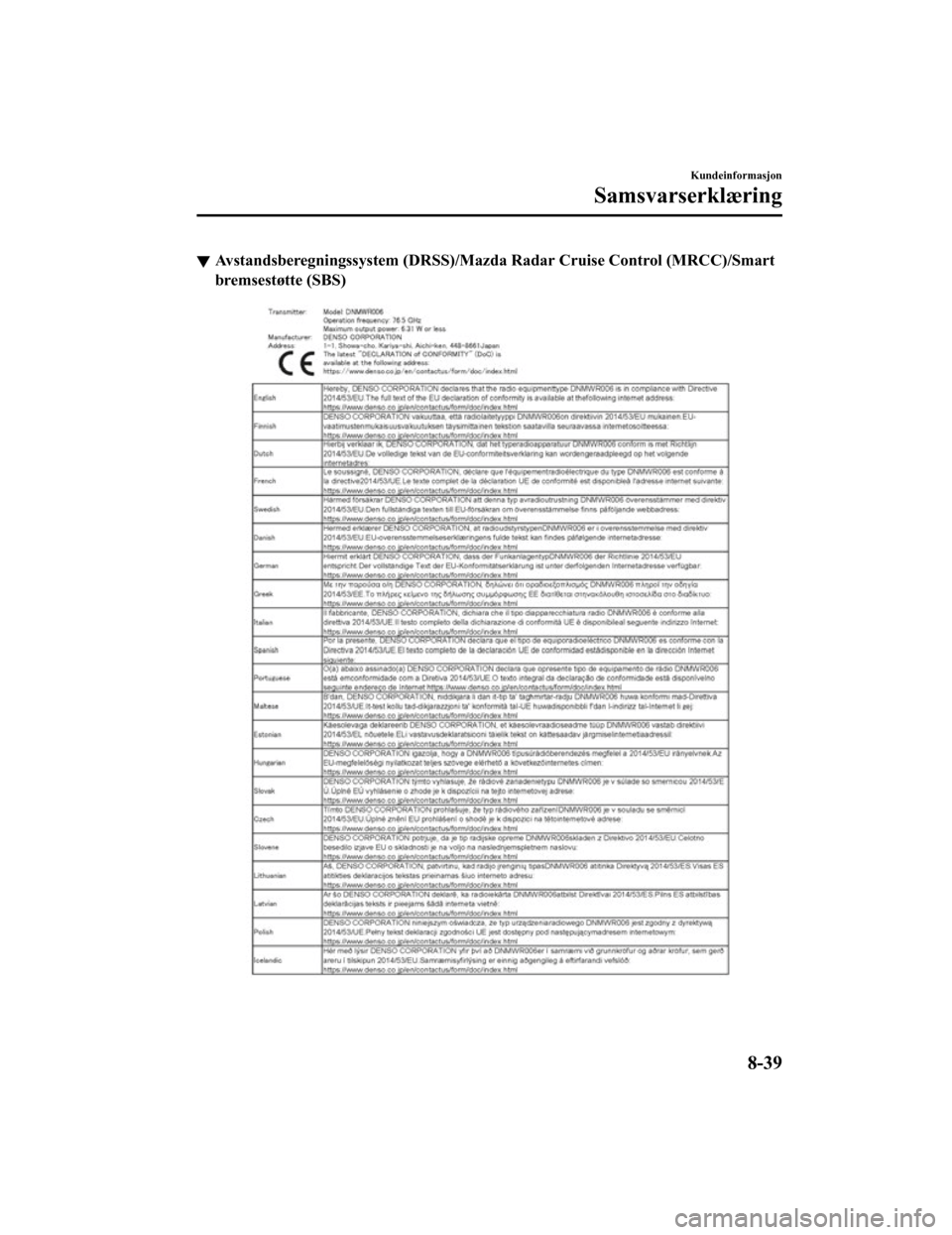 MAZDA MODEL CX-5 2019 Brukerhåndbok (in Norwegian) Avstandsberegningssystem (DRSS)/Mazda Radar Cruise Control (MRC C)/Smart
bremsestøtte (SBS)
Kundeinformasjon
Samsvarserklæring
8-39
CX-5_8HD5-EE-18K-NO_Edition1 2019-2-7 11:38:54 MAZDA MODEL CX-5 2019 Brukerhåndbok (in Norwegian) Avstandsberegningssystem (DRSS)/Mazda Radar Cruise Control (MRC C)/Smart
bremsestøtte (SBS)
Kundeinformasjon
Samsvarserklæring
8-39
CX-5_8HD5-EE-18K-NO_Edition1 2019-2-7 11:38:54