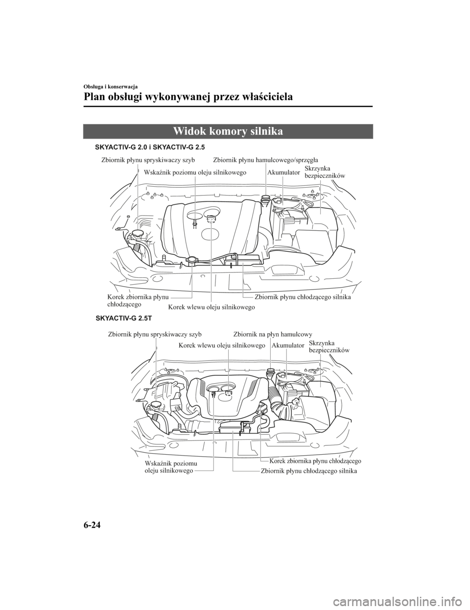 MAZDA MODEL CX-5 2019 Instrukcja Obsługi (in Polish) Widok komory silnika
Zbiornik płynu spryskiwaczy szybKorek wlewu oleju silnikowegoZbiornik płynu hamulcowego/sprzęgła
Wskaźnik poziomu oleju silnikowego Akumulator
Skrzynka
bezpieczników
Korek MAZDA MODEL CX-5 2019 Instrukcja Obsługi (in Polish) Widok komory silnika
Zbiornik płynu spryskiwaczy szybKorek wlewu oleju silnikowegoZbiornik płynu hamulcowego/sprzęgła
Wskaźnik poziomu oleju silnikowego Akumulator
Skrzynka
bezpieczników
Korek
