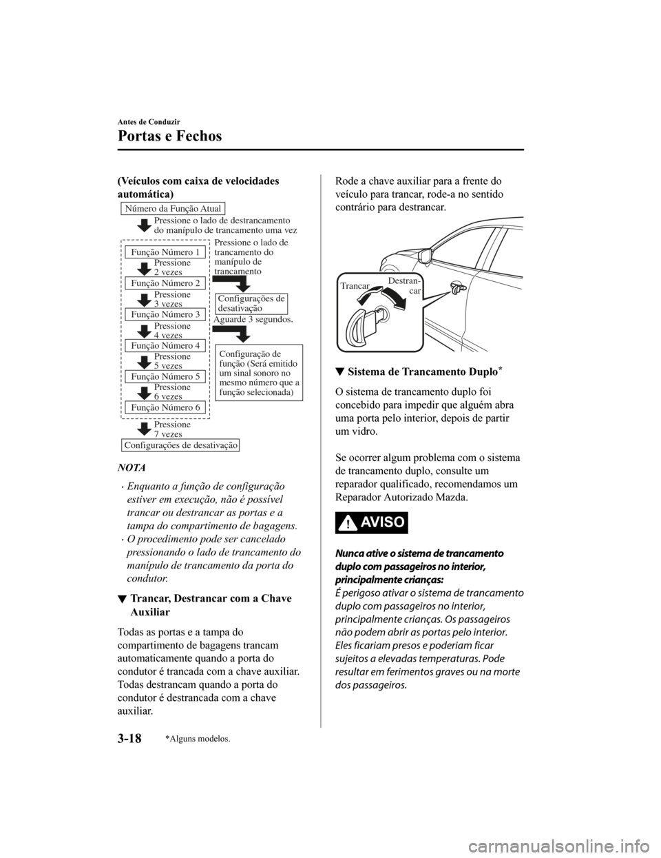 MAZDA MODEL CX-5 2019 Manual do proprietário (in Portuguese) (Veículos com caixa de velocidades
automática)
Pressione o lado de destrancamento
do manípulo de trancamento uma vez
Pressione
2 vezes
Pressione
3 vezes
Número da Função Atual
Função Númer MAZDA MODEL CX-5 2019 Manual do proprietário (in Portuguese) (Veículos com caixa de velocidades
automática)
Pressione o lado de destrancamento
do manípulo de trancamento uma vez
Pressione
2 vezes
Pressione
3 vezes
Número da Função Atual
Função Númer
