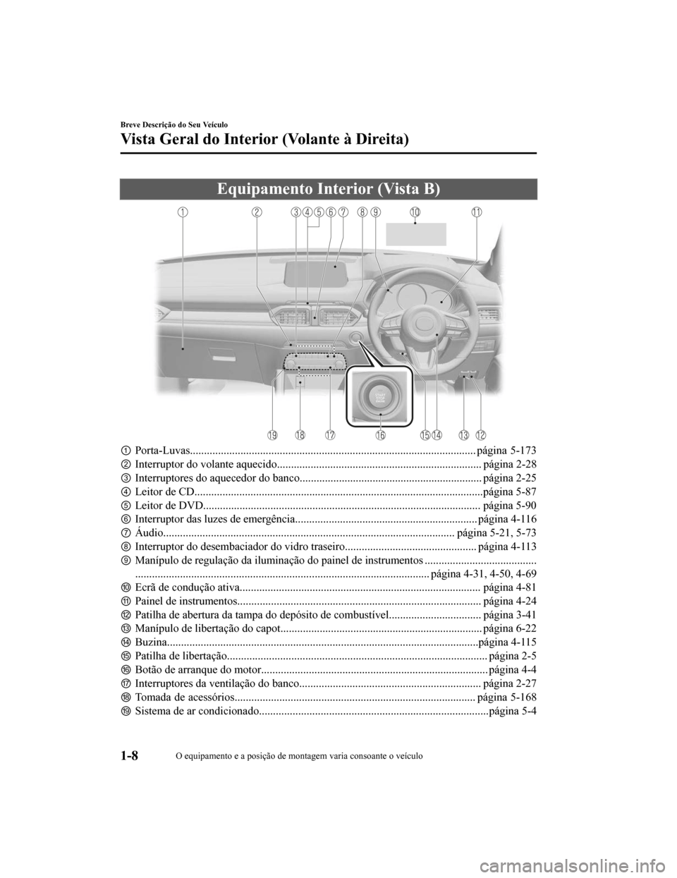 MAZDA MODEL CX-5 2019 Manual do proprietário (in Portuguese) Equipamento Interior (Vista B)
①Porta-Luvas...................................................................................................... página 5-173
② Interruptor do vo lante aquecido.. MAZDA MODEL CX-5 2019 Manual do proprietário (in Portuguese) Equipamento Interior (Vista B)
①Porta-Luvas...................................................................................................... página 5-173
② Interruptor do vo lante aquecido..