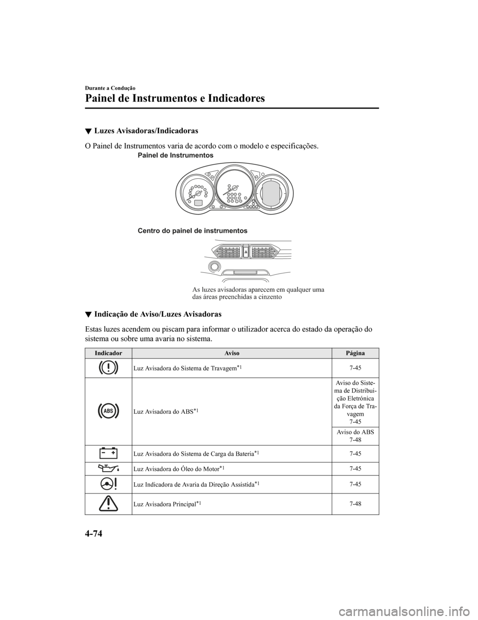 MAZDA MODEL CX-5 2019 Manual do proprietário (in Portuguese) Luzes Avisadoras/Indicadoras
O Painel de Instrumentos varia de acordo com o modelo e especificações.
As luzes avisadoras aparecem em qualquer uma
das áreas preenchidas a cinzento
Painel de Instrum MAZDA MODEL CX-5 2019 Manual do proprietário (in Portuguese) Luzes Avisadoras/Indicadoras
O Painel de Instrumentos varia de acordo com o modelo e especificações.
As luzes avisadoras aparecem em qualquer uma
das áreas preenchidas a cinzento
Painel de Instrum