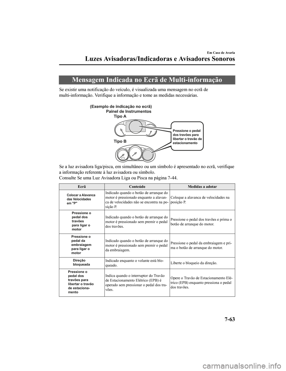 MAZDA MODEL CX-5 2019  Manual do proprietário (in Portuguese) Mensagem Indicada no Ecrã de Multi-informação
Se existir uma notificação do veículo, é visualizada uma mensagem no ecrã de
multi-informação. Verifique a informação e tome as medidas nece s