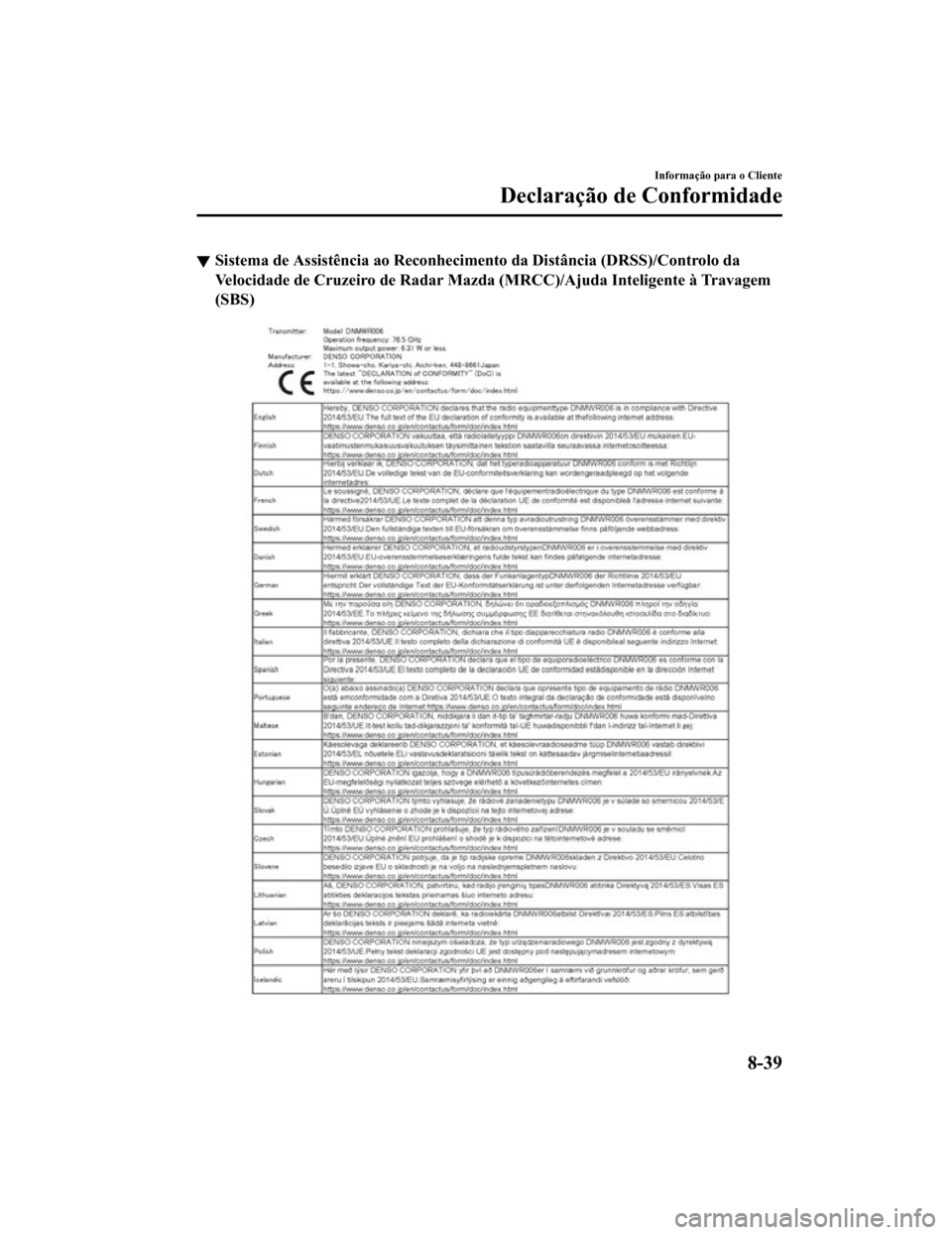 MAZDA MODEL CX-5 2019  Manual do proprietário (in Portuguese) Sistema de Assistência ao Reconhecimento da Distância (DRSS)/Controlo da
Velocidade de Cruzeiro de Radar  Mazda (MRCC)/Ajuda Inteligente à Travagem
(SBS)
Informação para o Cliente
Declaração de