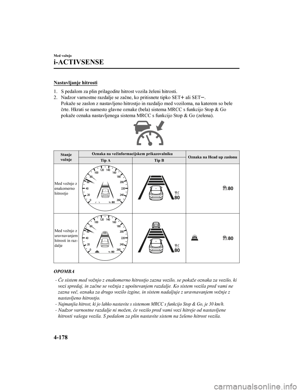 MAZDA MODEL CX-5 2019  Priročnik za lastnika (in Slovenian) Nastavljanje hitrosti
1. S pedalom za plin prilagodite hitrost vozila želeni hitrosti.
2. Nadzor varnostne razdalje se začne, ko pritisnete tipko SET
 ali SET.
Pokaže se zaslon z nastavljeno hitros
